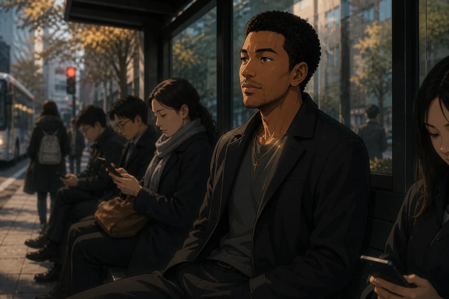 Anime illustration in ordinary afternoon daylight. A Black and East Asian man in a plain shirt and dark overcoat sits at a city bus stop among commuters who are all looking at their phones. Nothing supernatural is happening. A fine gold chain with a four-pointed star pendant catches a shaft of sun at his collar.