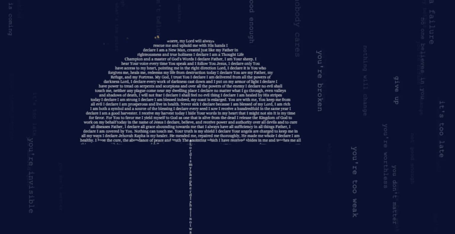 A dark navy canvas where an umbrella made entirely of tiny declaration text sheds falling grey words like you’re not enough and give up, with a handle spelling The Lord is my shepherd.