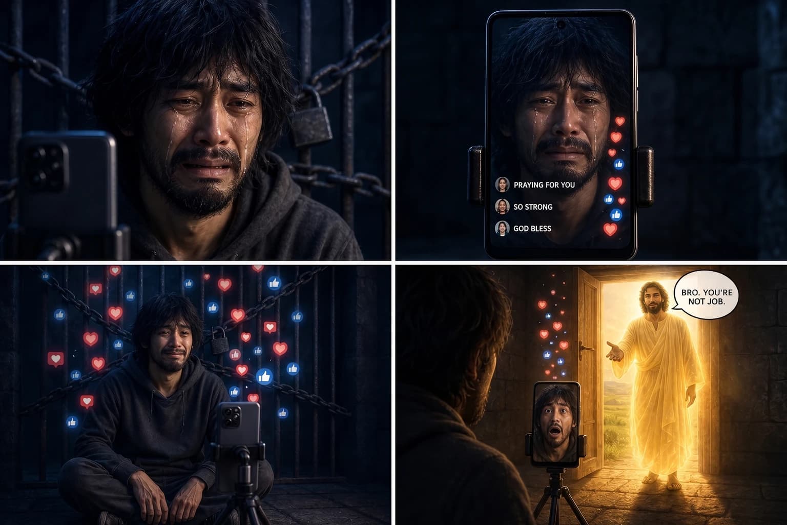 A four-panel comic. First, a close-up of a scraggly Japanese man weeping in a dark stone cell, chains and a padlock behind his head. Second, his phone on a tripod, its screen showing that same crying face livestreamed with viewer comments reading PRAYING FOR YOU, SO STRONG and GOD BLESS, and hearts streaming up the edge. Third, a wide pull-back: he sits on the floor against the chained gate filming himself, calm and satisfied now, as hearts and thumbs-up icons flood the bars behind him. Fourth, seen over his shoulder, a second door stands wide open with warm light and a green field beyond it, a glowing golden figure of Jesus stepping through with a speech bubble reading BRO. YOU’RE NOT JOB., while the phone screen still broadcasts the man’s face, now caught wide-eyed in shock.
