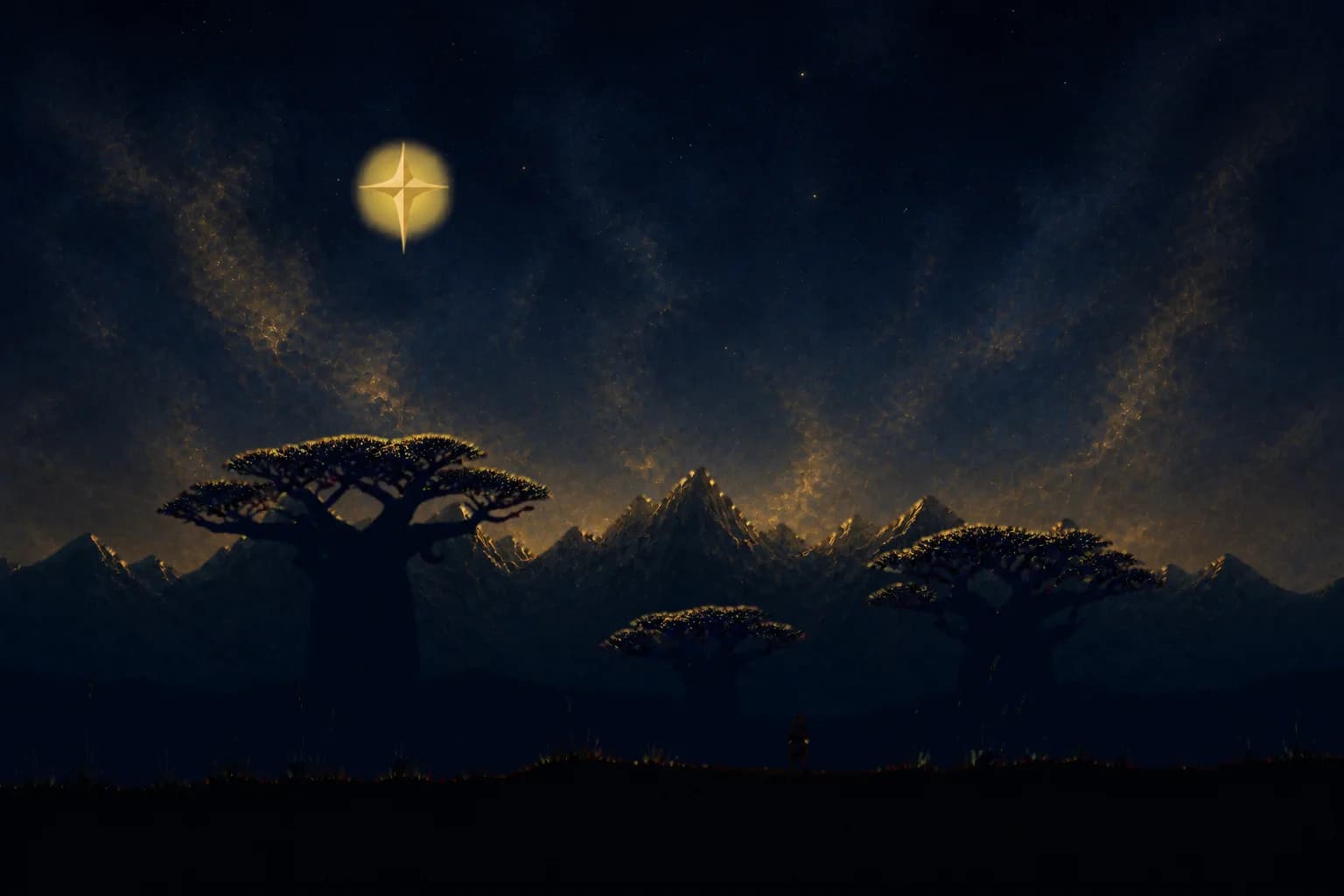 A painted night landscape in navy and gold: a radiant four-pointed star over layered mountain ridges, monumental baobab silhouettes, and a tiny rim-lit figure walking the near ground.