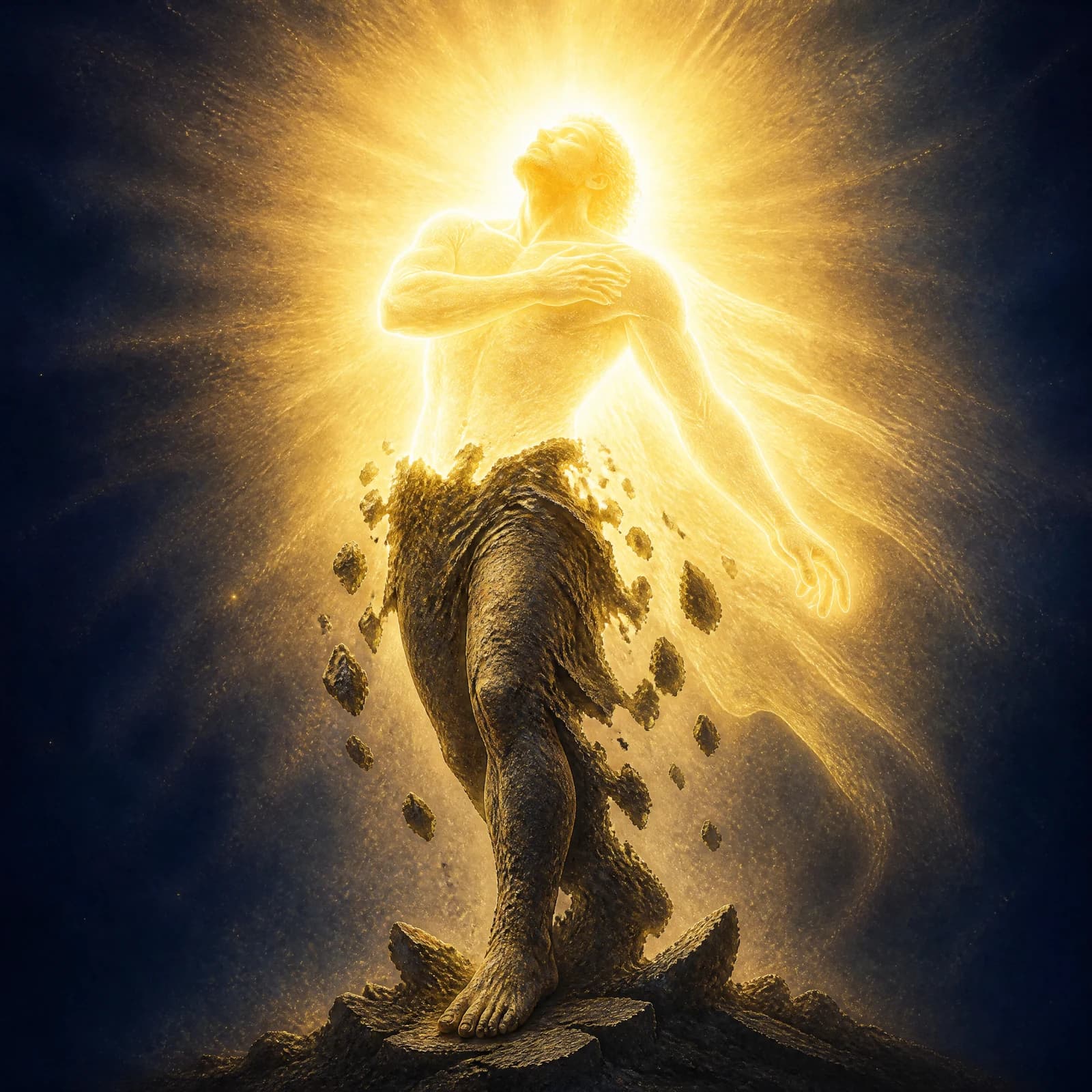 A standing figure on a rocky base whose legs and hips are dark, cracked and encrusted like weathered bronze, while from the waist upward the same body is made of luminous white and gold light. The dark crust breaks away in falling fragments as the shining upper body rises out of it, head tilted back into the light, against a deep midnight navy darkness.