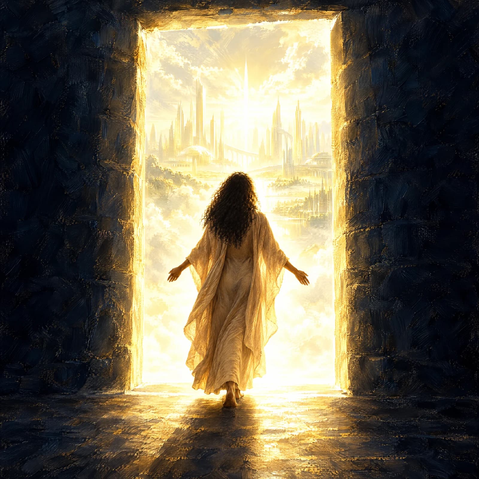 An oil painting of a woman with long dark curls seen from behind, walking barefoot through a vast stone doorway into blinding white-gold light, her arms open at her sides and her pale robe catching the glow. Beyond the door a luminous city of the future rises out of the clouds: spires, domes and long bridges, all of it gold. The room she is leaving is deep midnight navy stone, laid in thick visible brushstrokes.