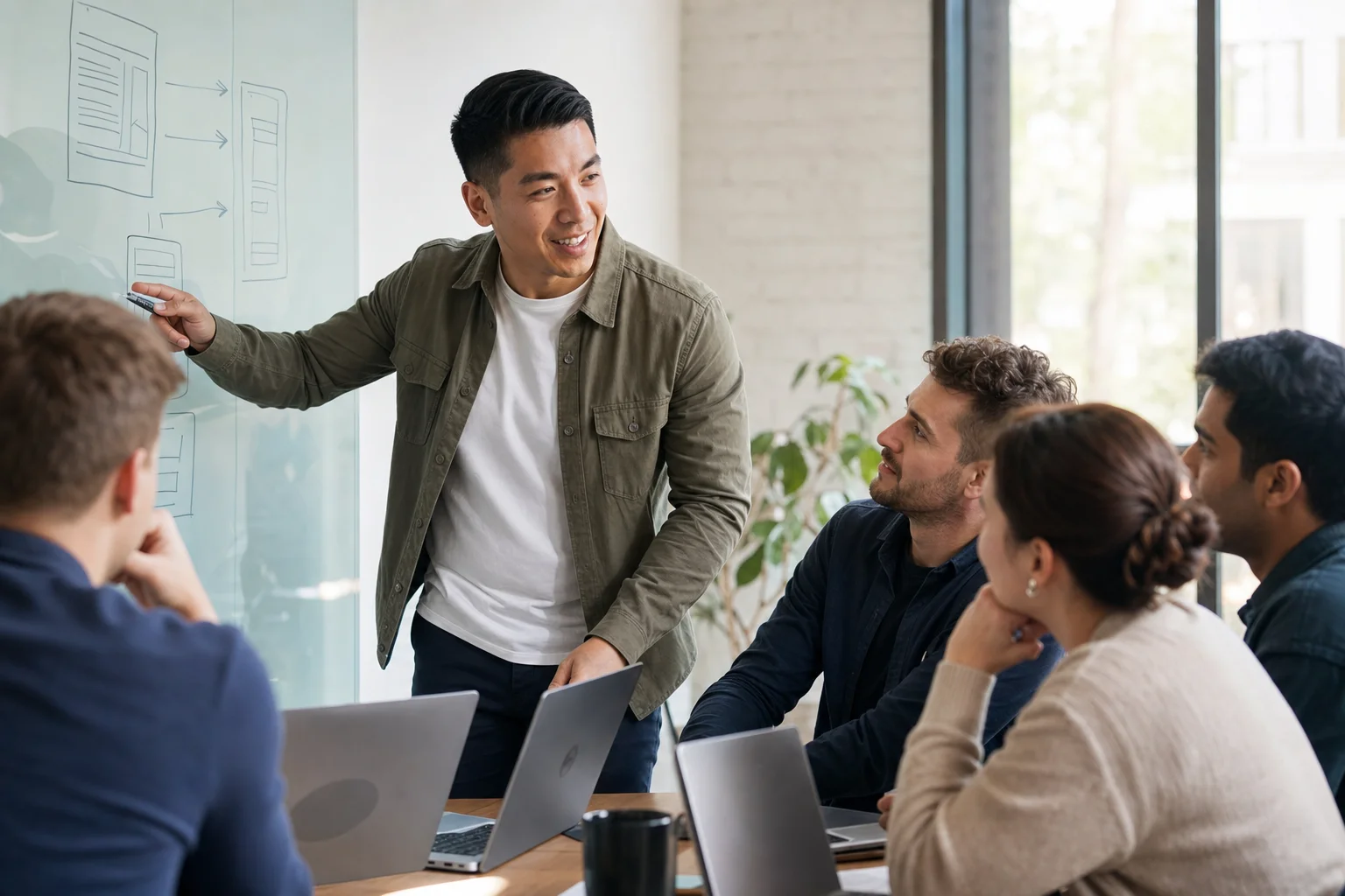 Gary Sheng leading a small team workshop, teaching at a whiteboard