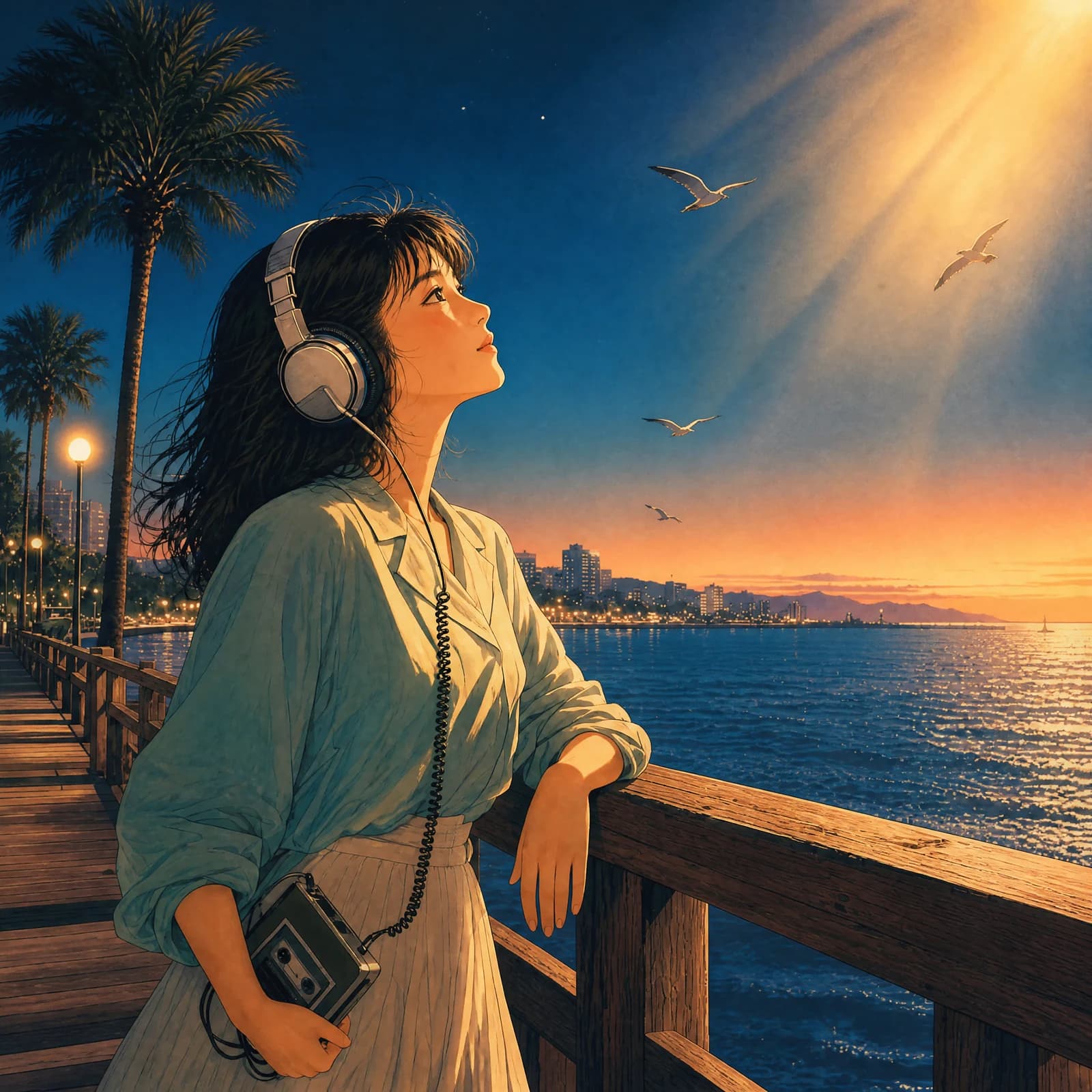 A young woman leaning on a wooden boardwalk railing at dusk, wearing large 1980s over-ear headphones with a coiled cable and holding a portable cassette player, her face lifted toward broad rays of gold light coming down over the water. Gulls overhead, palms and streetlamps behind her, a lit city skyline across the bay, deep royal-blue sky above a peach horizon.