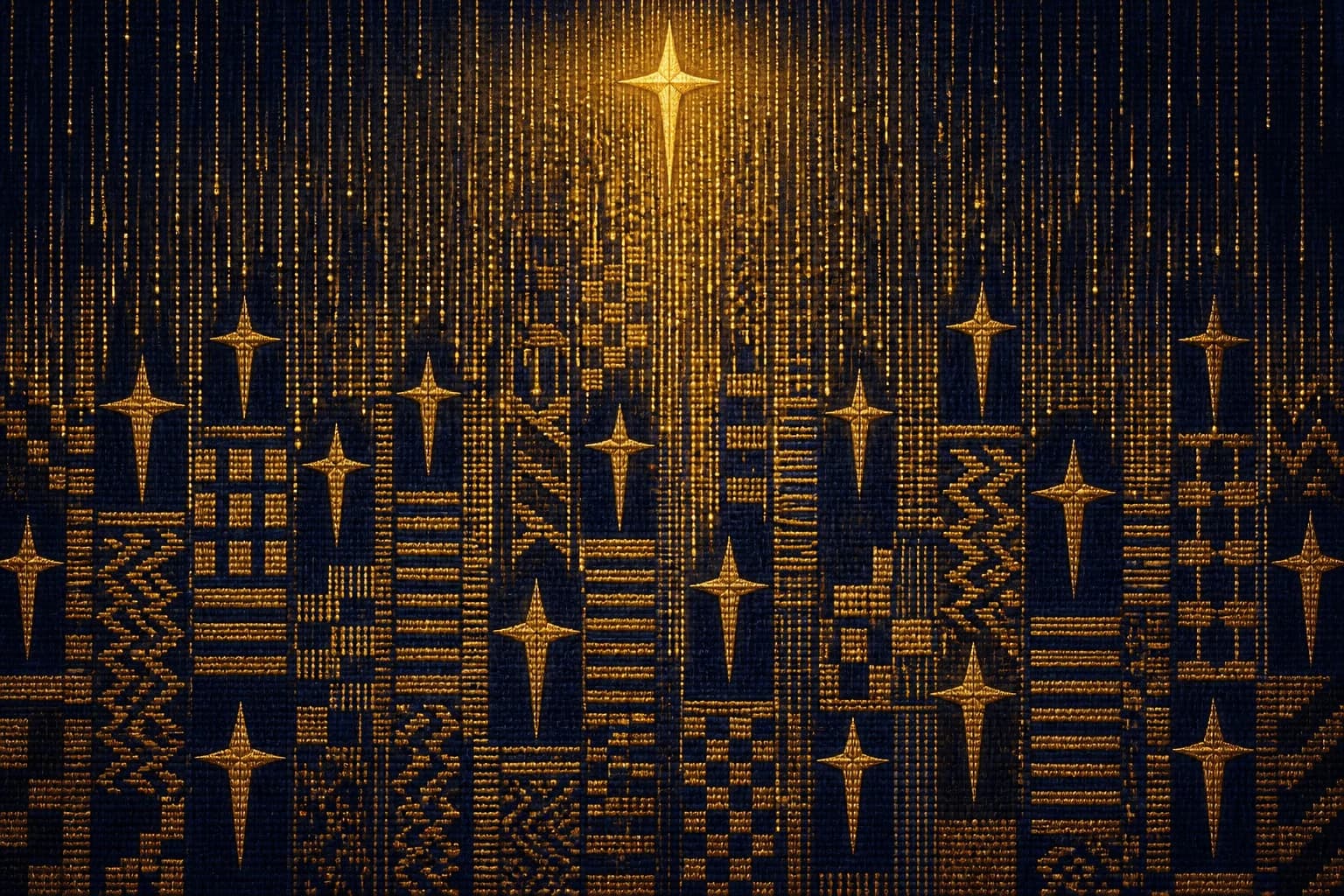 Gold rain falling in fine glowing threads from the top of a navy weave, the kente panels growing denser and brighter where it lands; a stitched gold North Star Cross at top center as the source of the rain.