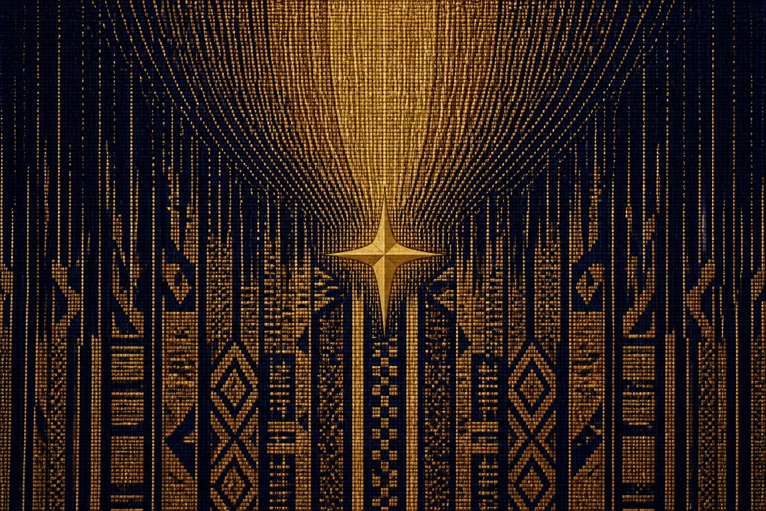 Abstract woven kente pattern in gold thread on deep midnight navy: slender fragile gold threads rise from the bottom of the cloth and a broad band of gold descends from above to meet them; at the meeting point sits one North Star Cross embroidered into the weave, its bottom point longer than the other three, and below it the thin threads thicken into strong, ordered kente columns patterned with diamond motifs.