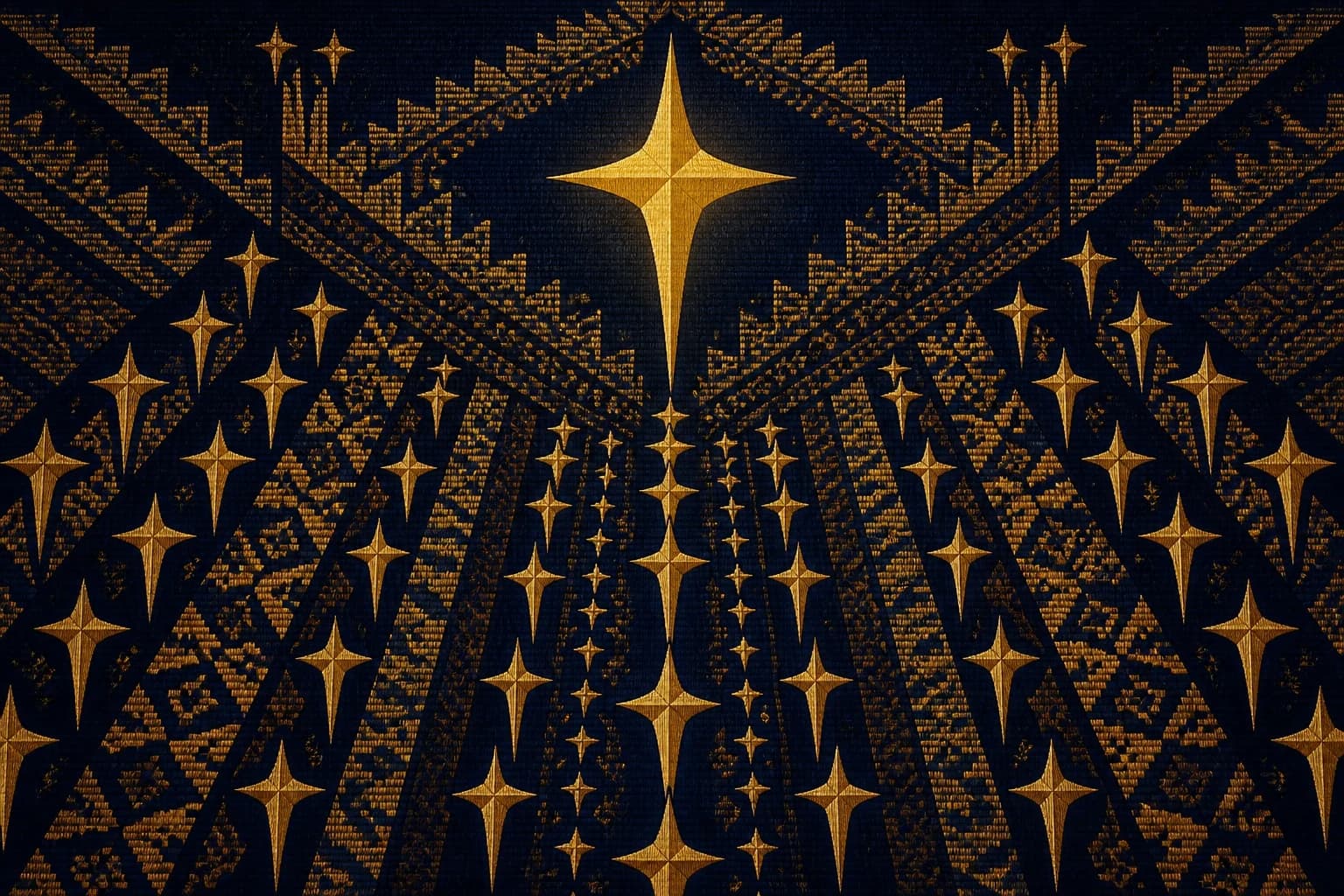 One great embroidered gold North Star Cross enthroned at the top center of a navy weave, largest and brightest; angled rows of smaller upright crosses converge and lift toward it like banners raised to a king.