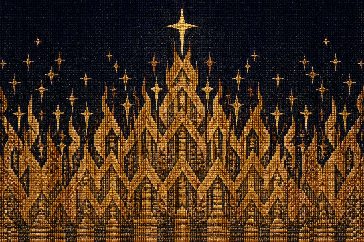 Geometric woven flames in gold climbing a deep navy cloth from the bottom edge, each rank brighter than the last, small stitched North Star Crosses rising in the blaze and one crowning the fire at top center.
