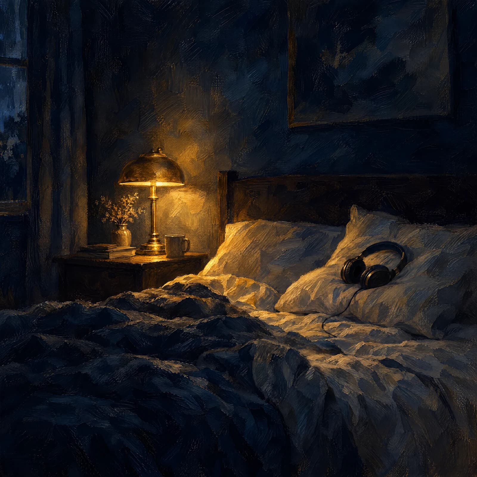 Oil painting in deep navy and warm gold: a dim bedroom at night, a brass lamp glowing on the nightstand beside an unmade bed, a pair of headphones resting on the pillow.