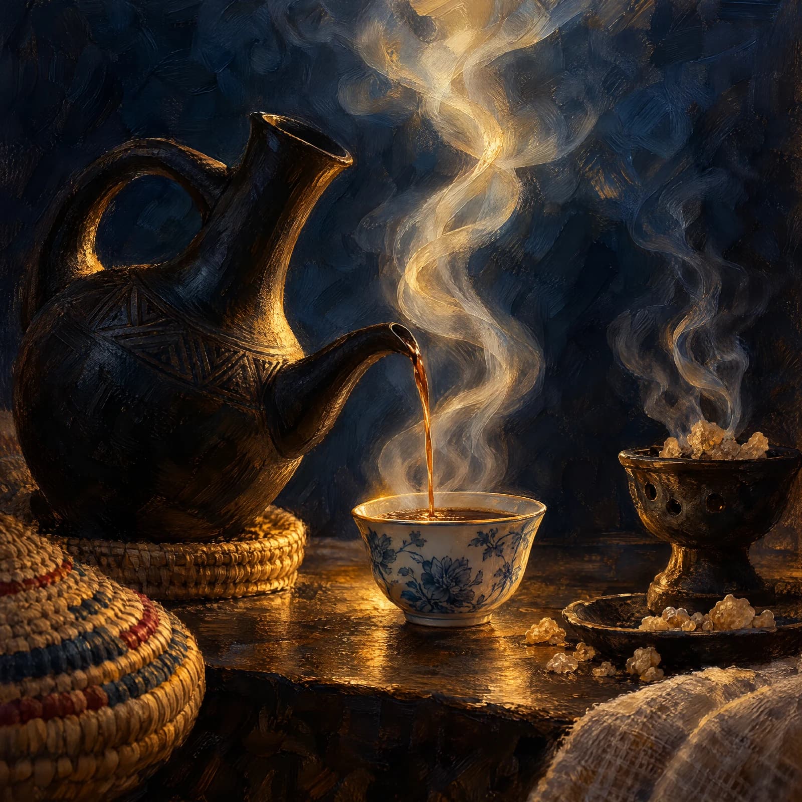 Oil painting in deep navy and warm gold: at night, a black clay Ethiopian jebena pours a thin stream of coffee into a blue-and-white Chinese porcelain teacup, the steam rising in white-gold ribbons beside a smoking frankincense burner, a woven mesob basket and a gauzy white cloth at the edges.