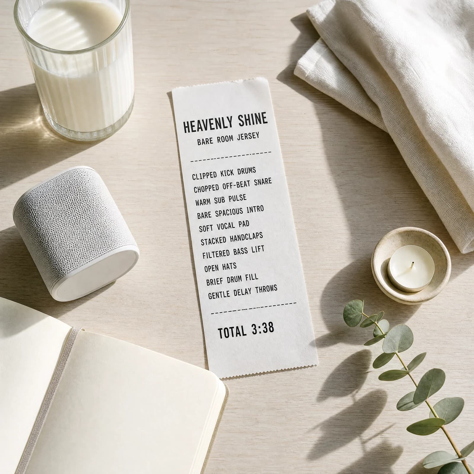 Overhead photograph of a pale bleached-wood table in bright morning light, mostly empty, holding a long white till receipt printed HEAVENLY SHINE above the words BARE ROOM JERSEY, then the track's ten production ingredients beside a glass of milk, folded white linen, a small white speaker, an open blank notebook and a sprig of eucalyptus.