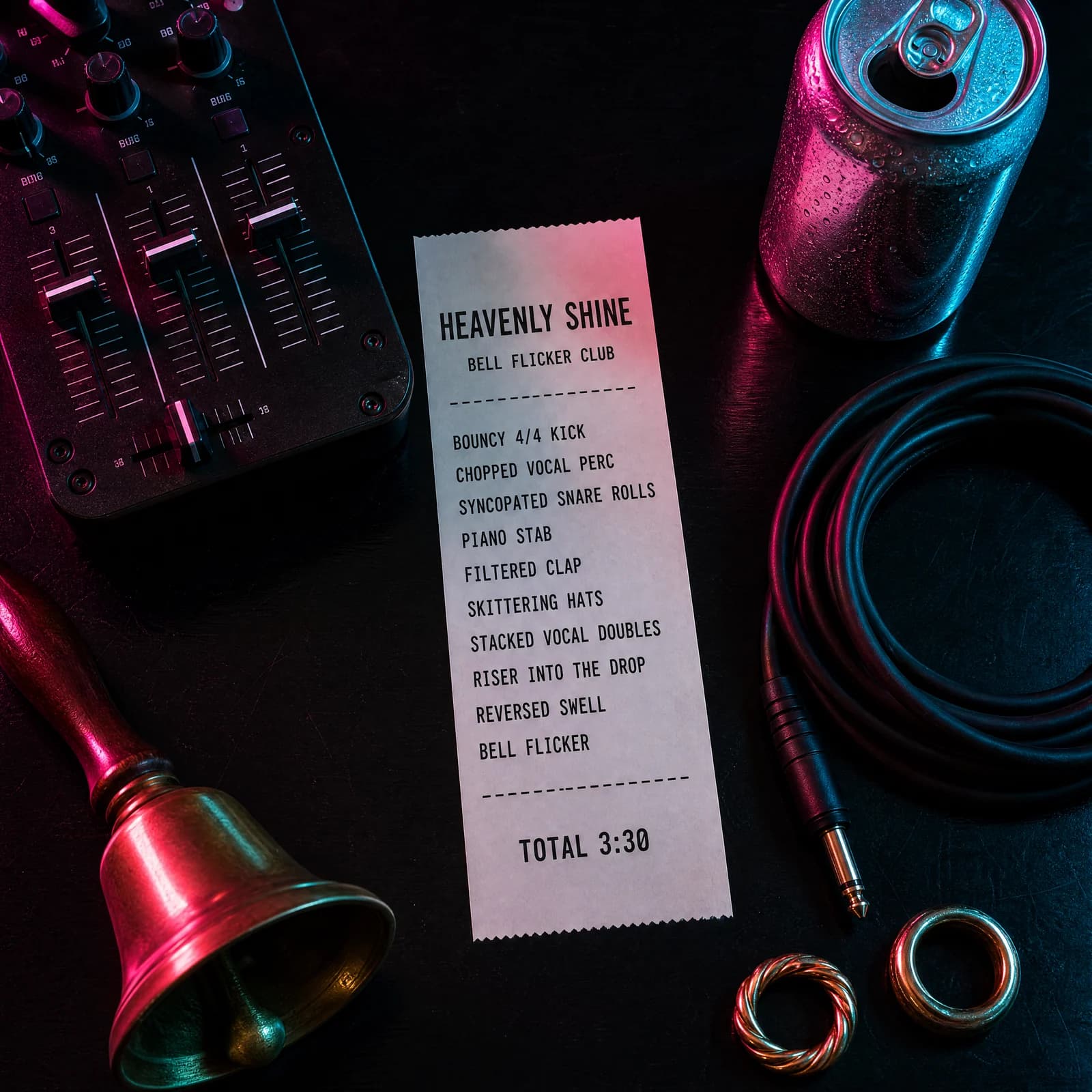 Overhead photograph of a glossy black table lit hard from both sides in magenta and cyan, holding a long white till receipt printed HEAVENLY SHINE above the words BELL FLICKER CLUB, then the track's ten production ingredients beside a small DJ mixer with faders up, a brass hand bell, a coiled cable, a can of sparkling water and two chunky rings.