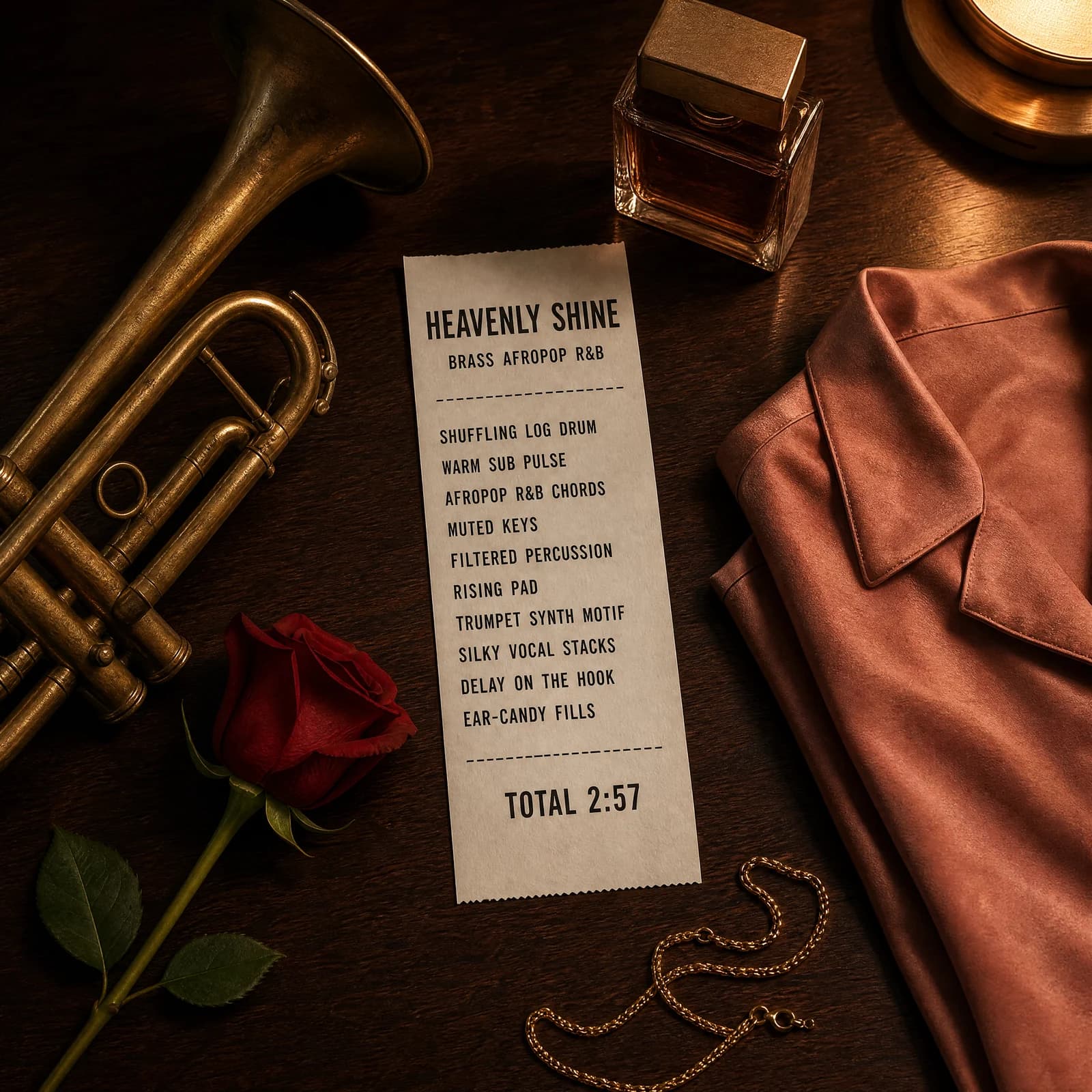 Overhead photograph of a deep rosewood table under warm lamplight, holding a long white till receipt printed HEAVENLY SHINE above the words BRASS AFROPOP R&B, then the track's ten production ingredients beside a small brass trumpet, a folded dusty-pink silk shirt, a bottle of cologne, a single red rose and a pooled gold chain.