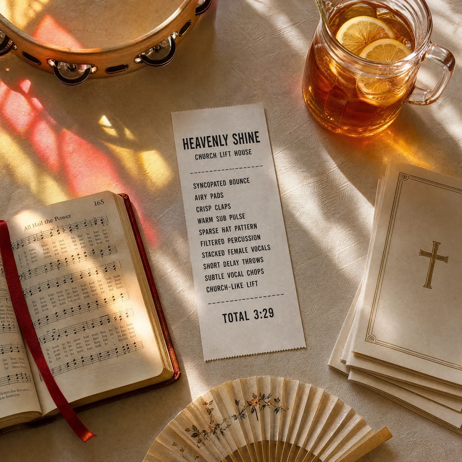 Overhead photograph of a pale church-hall table with soft red and gold shapes of light falling across it from a coloured window, holding a long white till receipt printed HEAVENLY SHINE above the words CHURCH LIFT HOUSE, then the track's ten production ingredients beside a tambourine, an open hymnal, a jug of sweet tea and a paper hand fan.