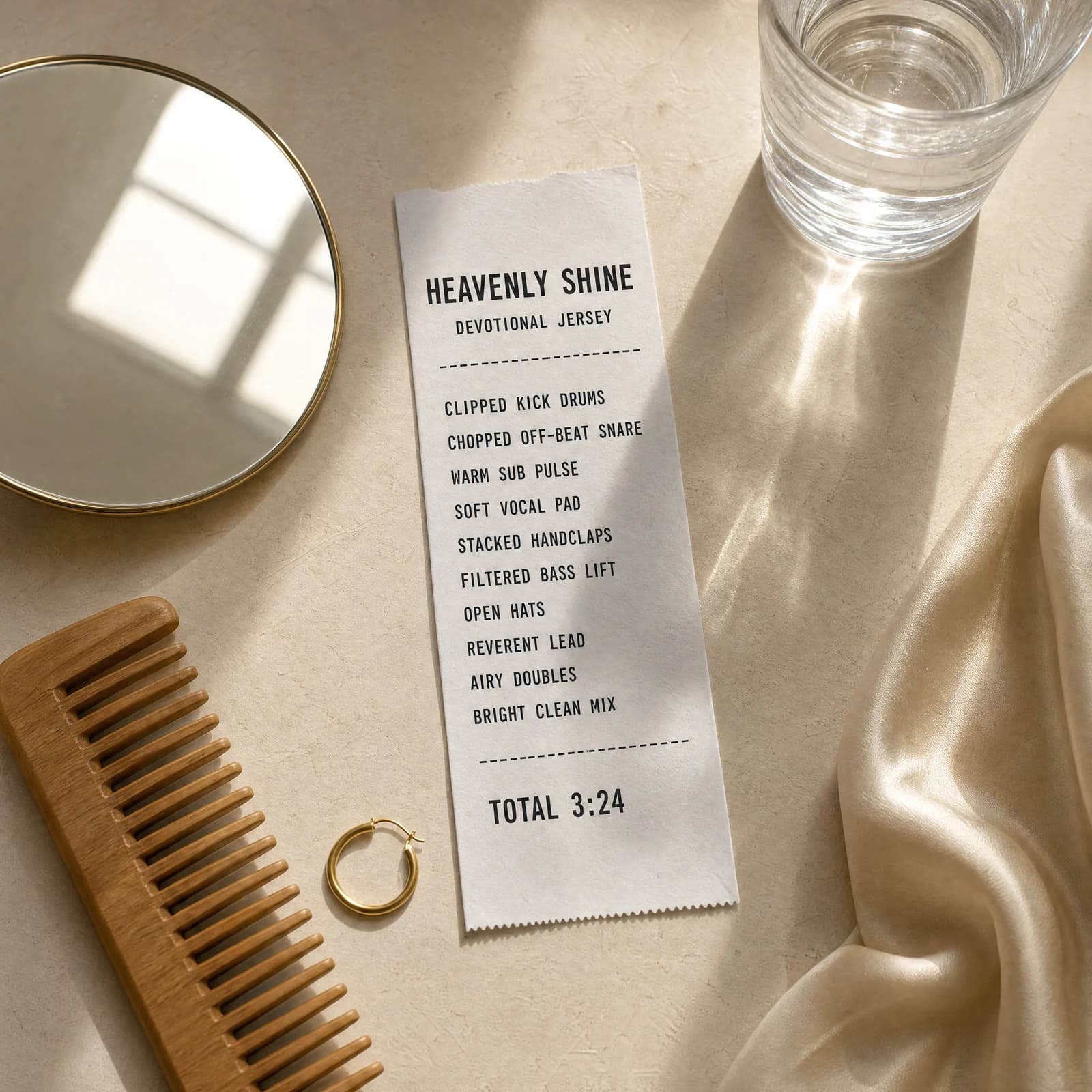 Overhead photograph of a warm pale table holding a long white till receipt printed HEAVENLY SHINE above the words DEVOTIONAL JERSEY, then the track's ten production ingredients beside a small flat mirror catching a bright square of window light, a wooden comb, a single gold hoop earring, a glass of water and a folded cream silk scarf.