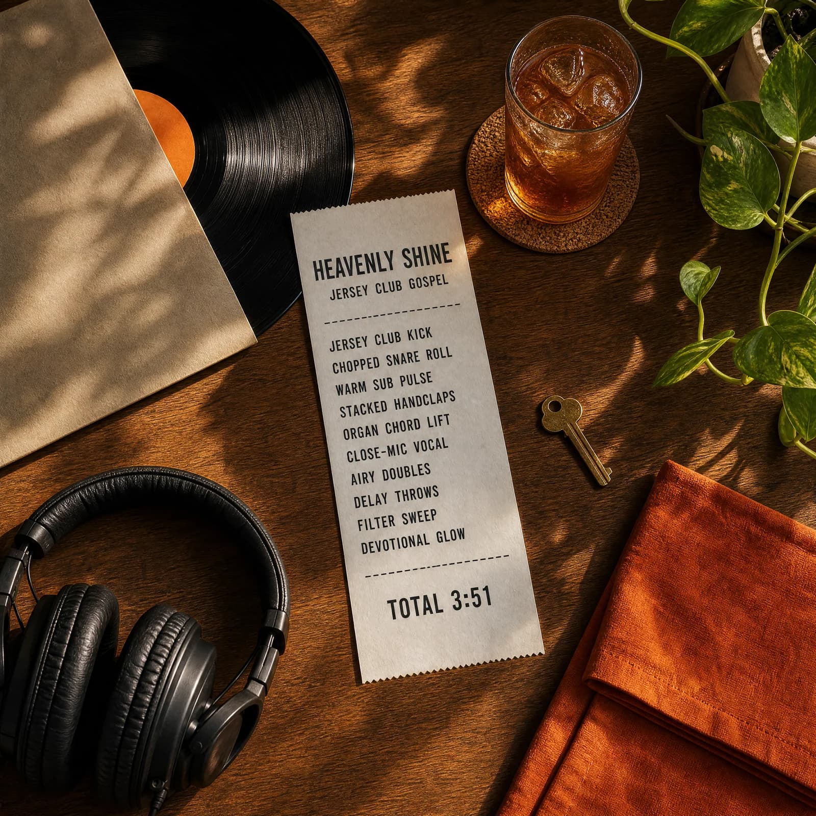 Overhead photograph of a warm oak table holding a long white till receipt printed HEAVENLY SHINE above the words JERSEY CLUB GOSPEL, then the track's ten production ingredients, surrounded by a vinyl record half out of its sleeve, black headphones, a glass of iced tea on a cork coaster, a brass key, a trailing pothos plant and a folded orange napkin, all in raking afternoon light.