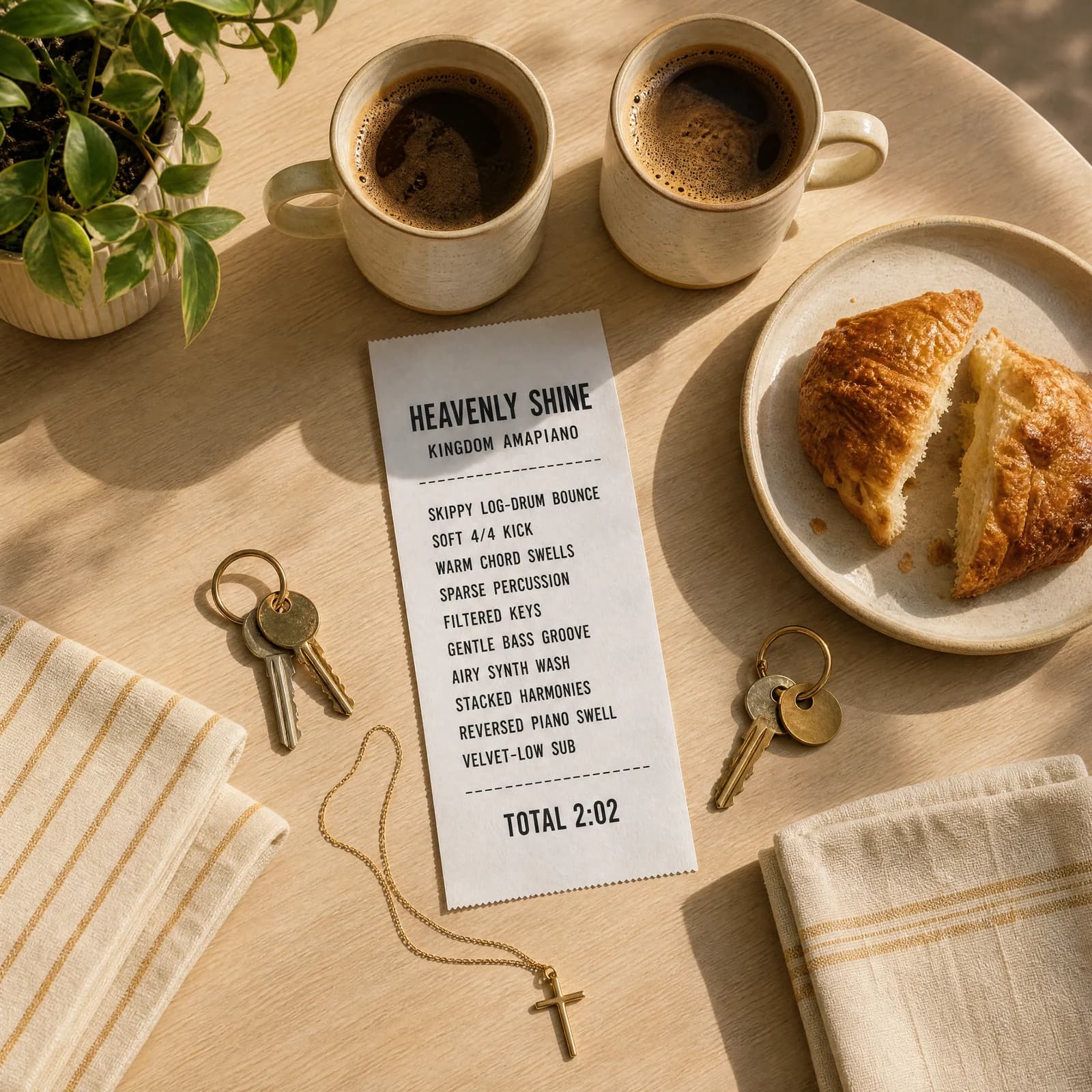Overhead photograph of a small round breakfast table in morning light where every object is paired, holding a long white till receipt printed HEAVENLY SHINE above the words KINGDOM AMAPIANO, then the track's ten production ingredients beside two matching coffee cups, two sets of keys, one shared plate and a slim cross on a chain.