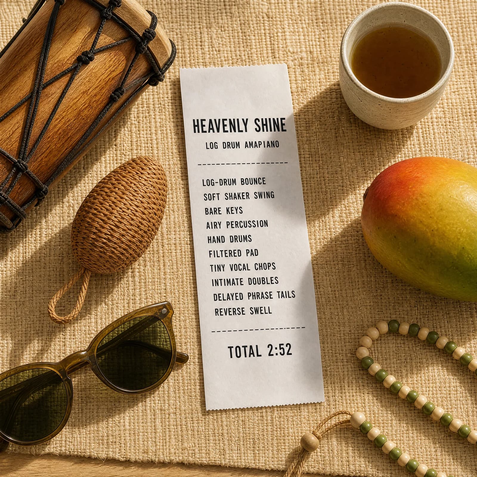 Overhead photograph of a pale woven mat over light wood, holding a long white till receipt printed HEAVENLY SHINE above the words LOG DRUM AMAPIANO, then the track's ten production ingredients beside a wooden log drum on its side, an egg shaker, a ceramic cup of tea, a ripe mango and a pair of sunglasses in soft noon light.