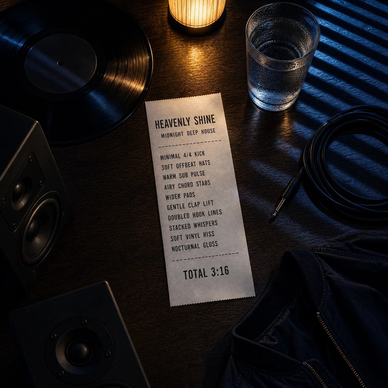 Overhead photograph of a dark walnut table at night with hard stripes of cool blue light from window blinds falling across it, holding a long white till receipt printed HEAVENLY SHINE above the words MIDNIGHT DEEP HOUSE, then the track's ten production ingredients beside a black vinyl record, a beading glass of water, a coiled cable and two small monitor speakers.