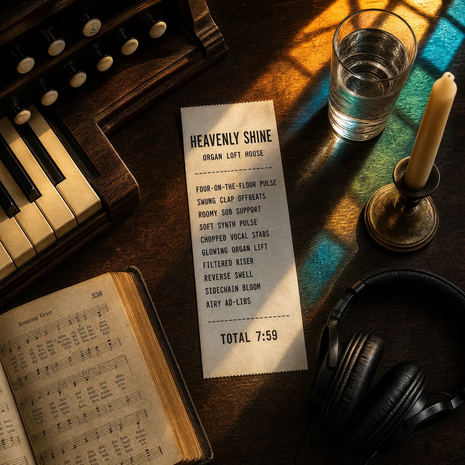 Overhead photograph of a dark brown table crossed by a slab of stained-glass-coloured light, holding a long white till receipt printed HEAVENLY SHINE above the words ORGAN LOFT HOUSE, then the track's ten production ingredients beside the corner of a drawbar organ, an open cloth-bound hymnal, a tall candle, headphones and a glass of water.
