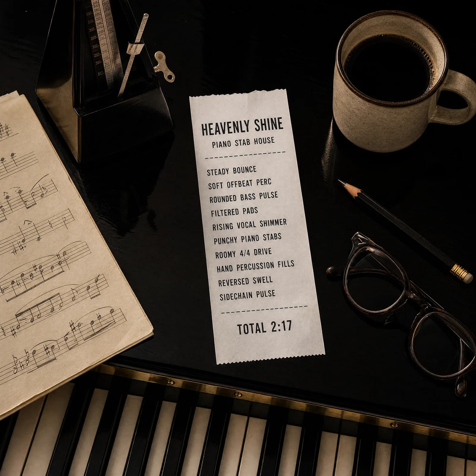 Overhead photograph of a black piano lid with the keys entering the bottom of the frame, holding a long white till receipt printed HEAVENLY SHINE above the words PIANO STAB HOUSE, then the track's ten production ingredients beside a page of handwritten sheet music, a wind-up metronome, a cup of black coffee and a pencil.