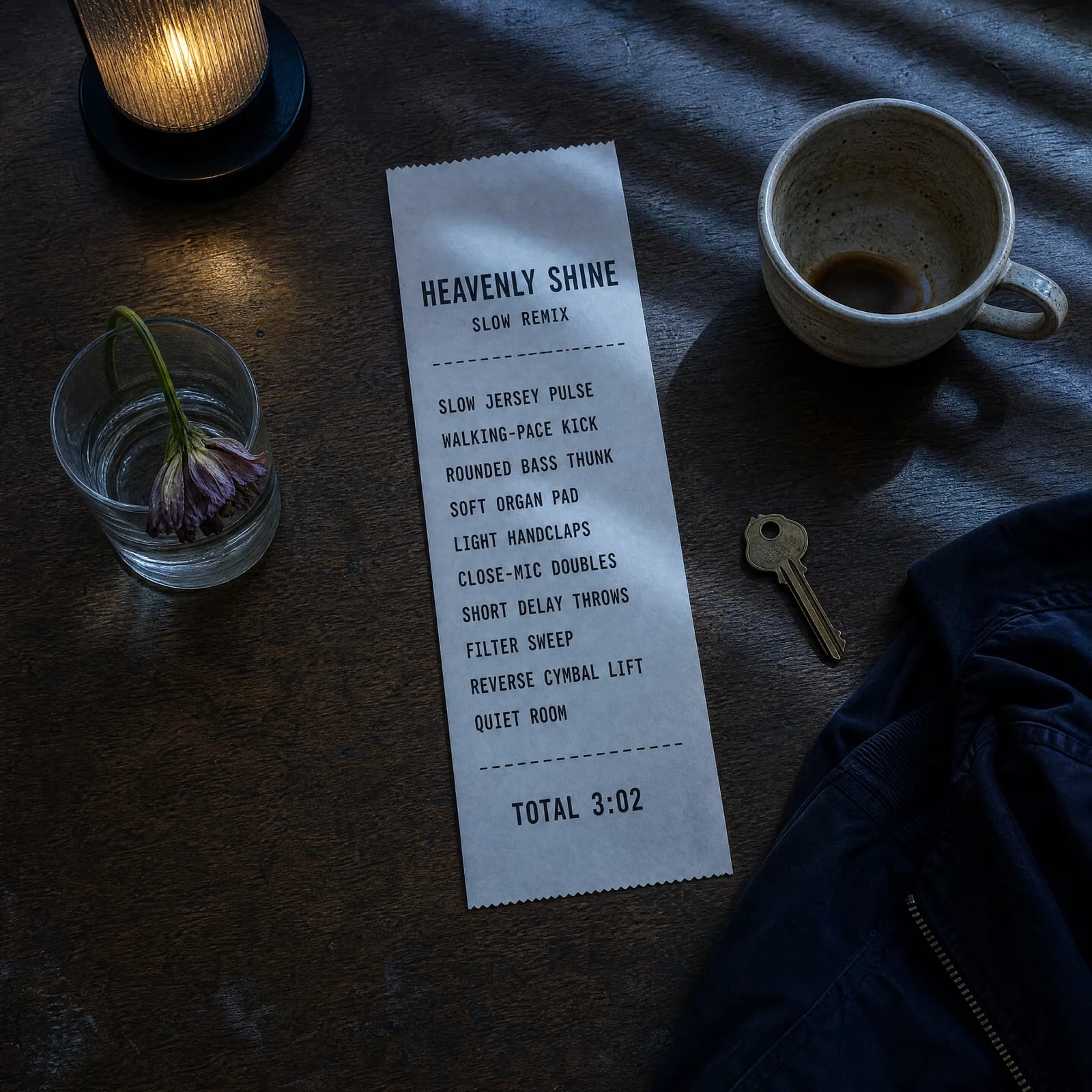 Overhead photograph of a nearly empty table at dawn in cool grey-blue light, holding a long white till receipt printed HEAVENLY SHINE above the words SLOW REMIX, then the track's ten production ingredients beside one used coffee cup, a folded jacket, a set of keys, a dim lamp and a single wilting flower in a short glass.