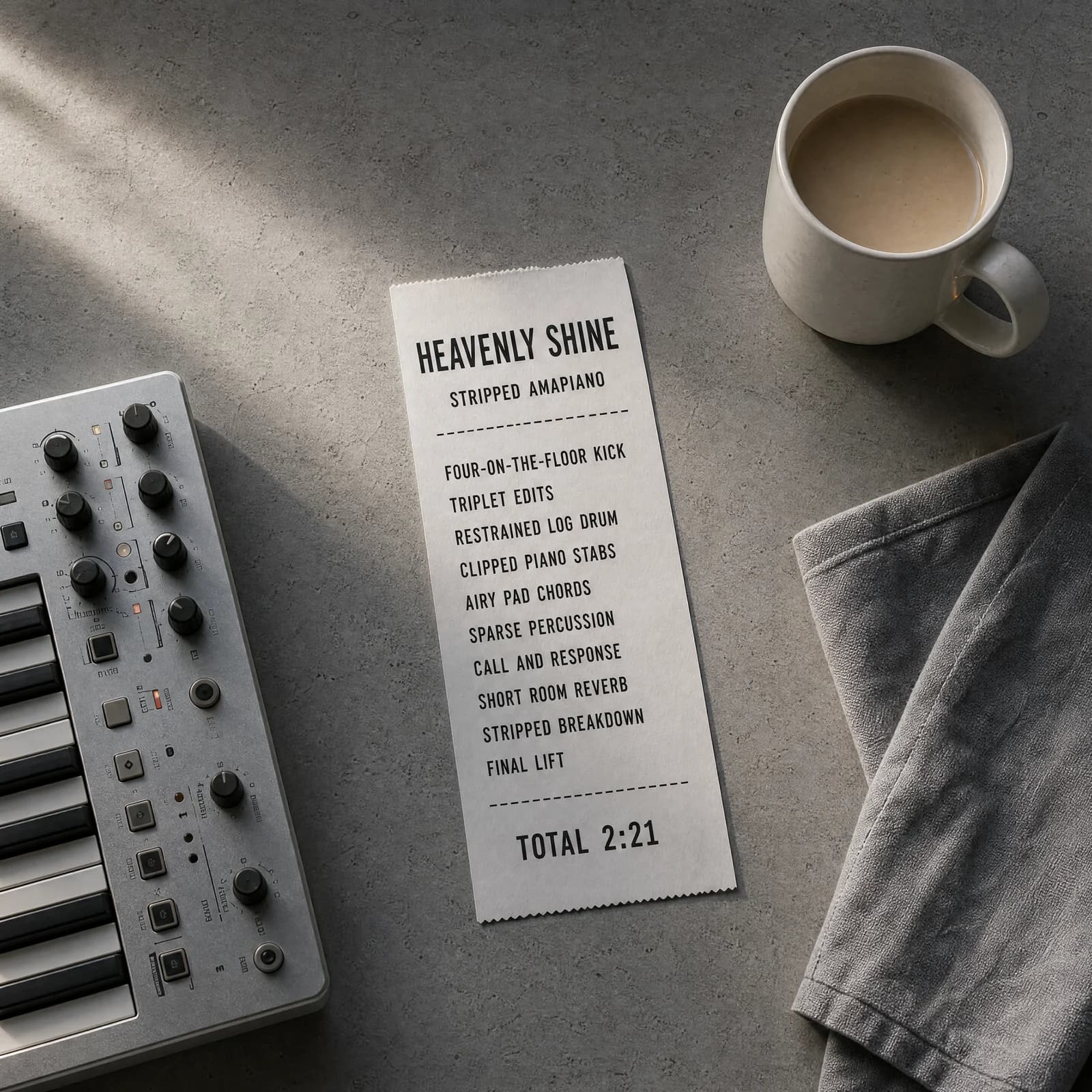 Overhead photograph of a wide plain grey table that is almost entirely empty, holding a long white till receipt printed HEAVENLY SHINE above the words STRIPPED AMAPIANO, then the track's ten production ingredients beside just a small silver synth, a white mug and a folded grey cloth, lit by one clean shaft of daylight.