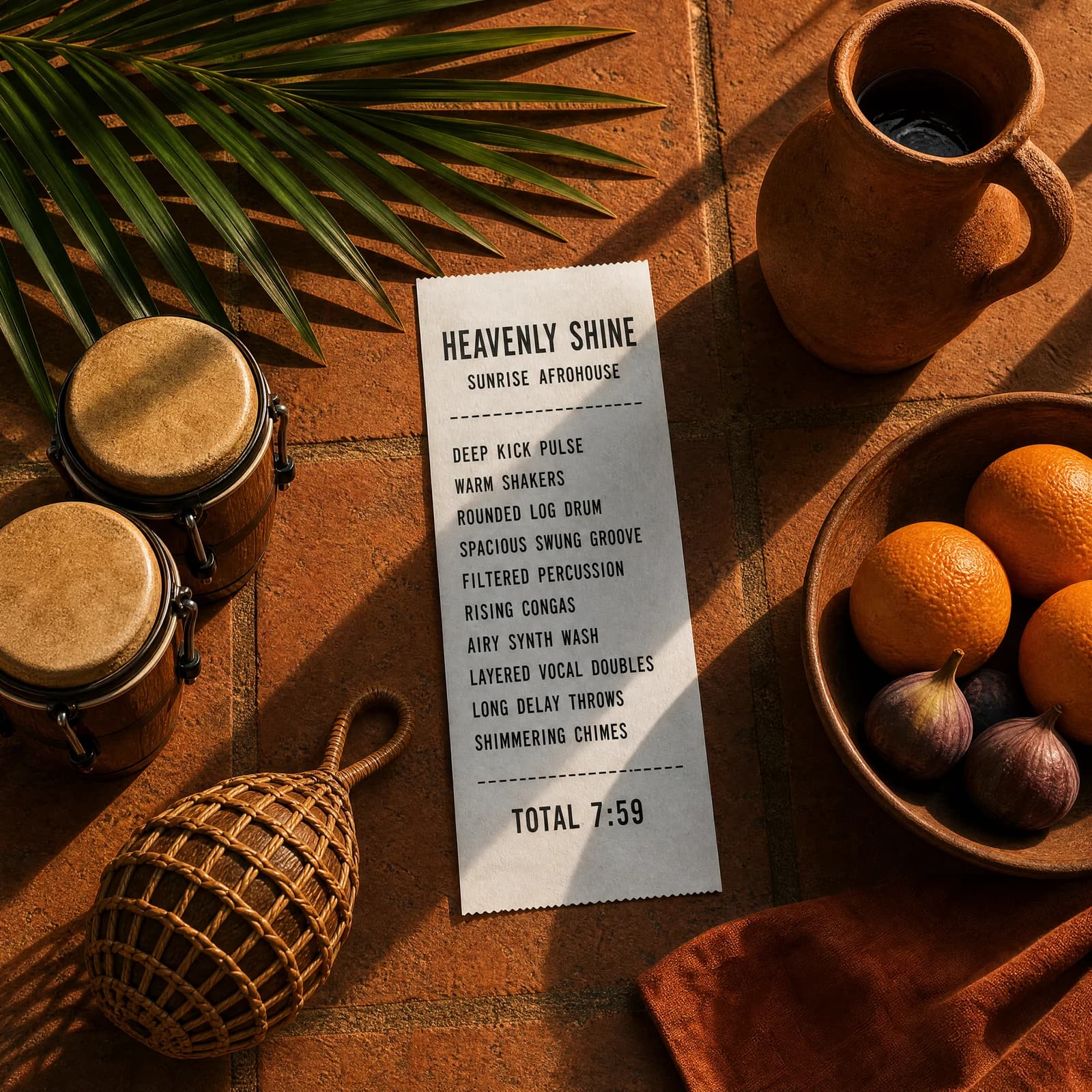 Overhead photograph of a terracotta tile table outdoors at sunrise with long golden light raking across it, holding a long white till receipt printed HEAVENLY SHINE above the words SUNRISE AFROHOUSE, then the track's ten production ingredients beside a pair of small congas, a woven shaker, palm leaves, a bowl of oranges and figs and a clay water jug.