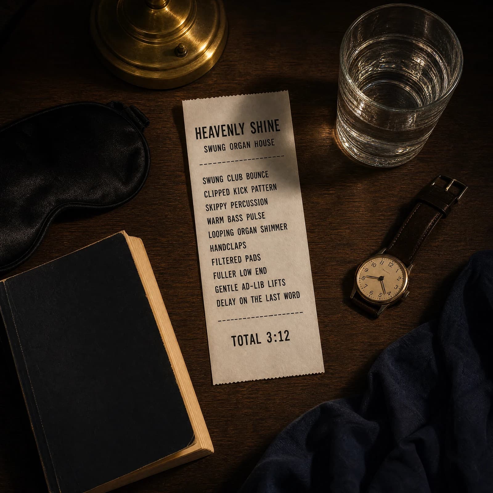 Overhead photograph of a bedside table at night lit by one low lamp, holding a long white till receipt printed HEAVENLY SHINE above the words SWUNG ORGAN HOUSE, then the track's ten production ingredients beside a black silk sleep mask, a paperback lying face-down, a glass of water and a wristwatch.