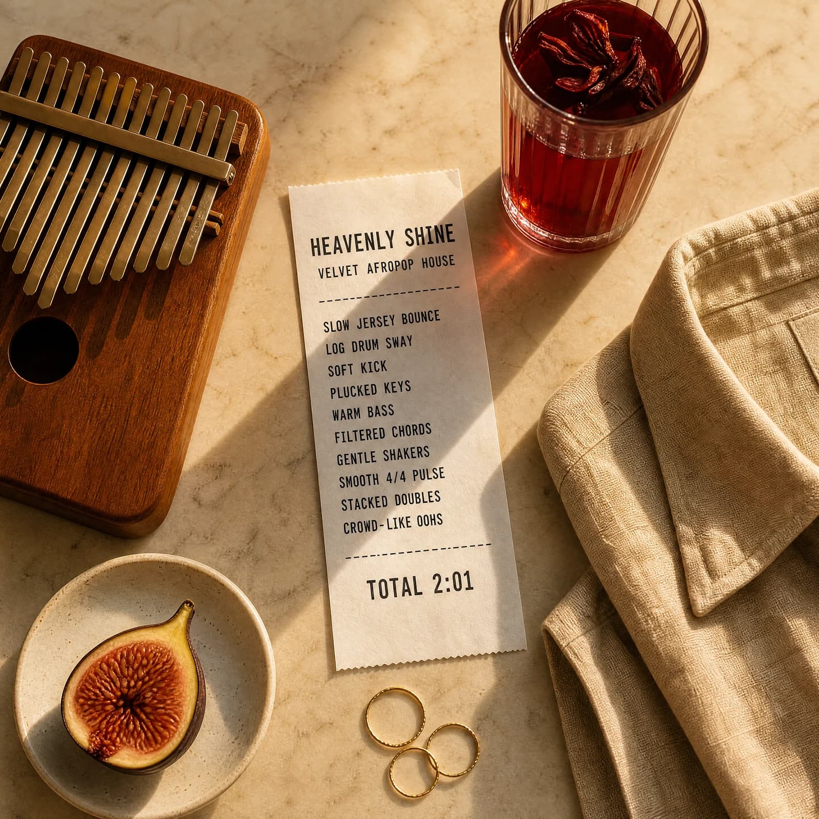 Overhead photograph of a pale marble table at golden hour crossed by one long shaft of low sun, holding a long white till receipt printed HEAVENLY SHINE above the words VELVET AFROPOP HOUSE, then the track's ten production ingredients beside a small wooden kalimba, a tall glass of red hibiscus tea, a folded linen shirt, three gold rings and a halved fig.