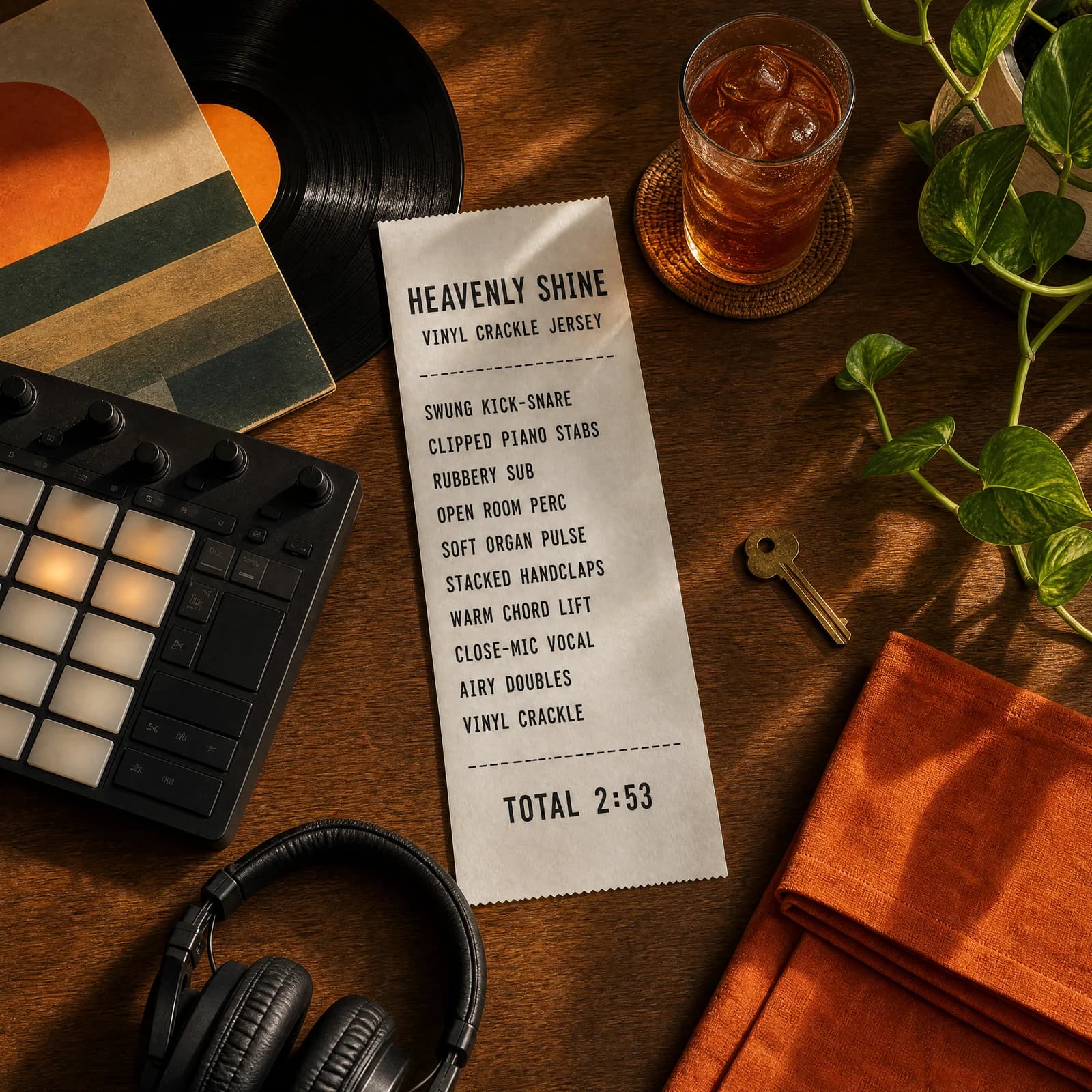 Overhead photograph of a wooden table holding a long white till receipt printed HEAVENLY SHINE above the words VINYL CRACKLE JERSEY, then the track's ten production ingredients, laid among a vinyl record, a lit drum-pad controller, headphones, a sweating glass of iced tea, a brass key and a pothos plant in warm afternoon light.