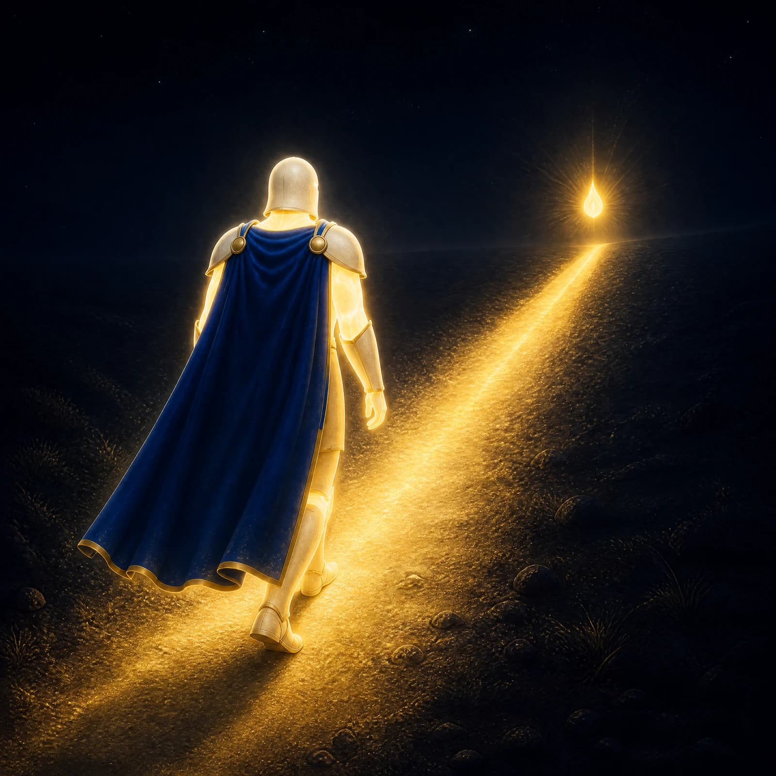 The Christofuturist seen from behind in bone-cream armour and a deep blue cape, walking a lit diagonal track across a dark plain at night, following a single small flame that floats unsupported in the air ahead of him; the flame and his own blazing body are the only light in the frame.