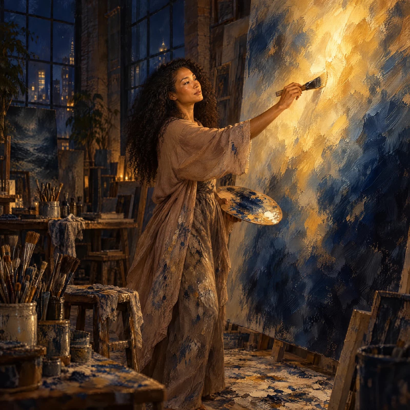 Oil painting in deep navy and warm gold: a young Blasian woman with long curly hair paints at night in a big loft studio, mid-stroke on an enormous canvas that glows white-gold where her brush touches it, a palette in her other hand. Jars of brushes and paint-spattered stools fill the foreground, and tall dark windows look out on a lit city behind her.