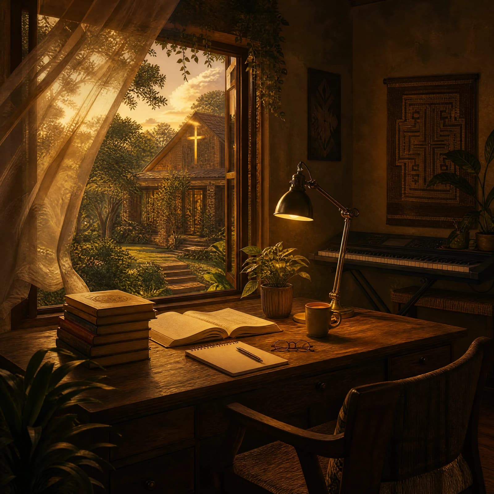 A wooden study desk under a wide open window at dawn: a stack of books, an open book, a spiral notebook with a pen across it, reading glasses, a cup of tea, a small plant and a lit brass desk lamp. A keyboard on a stand stands against the wall behind. Through the window, low golden sun over a garden and a stone house whose gable carries a glowing four-pointed star cross.