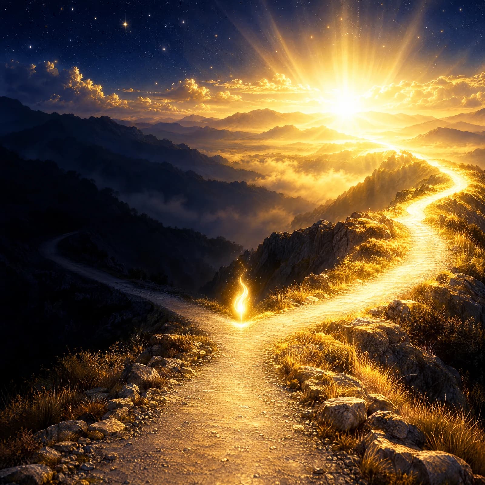 A narrow pale road winding through deep midnight-navy hills at night, arriving at a fork. The left branch fades away into darkness; the right branch is filled end to end with warm white-gold light and climbs toward a wide golden dawn breaking over distant mountains. A single small flame of gold light hovers in the air at the fork itself, above the lit branch. No people.
