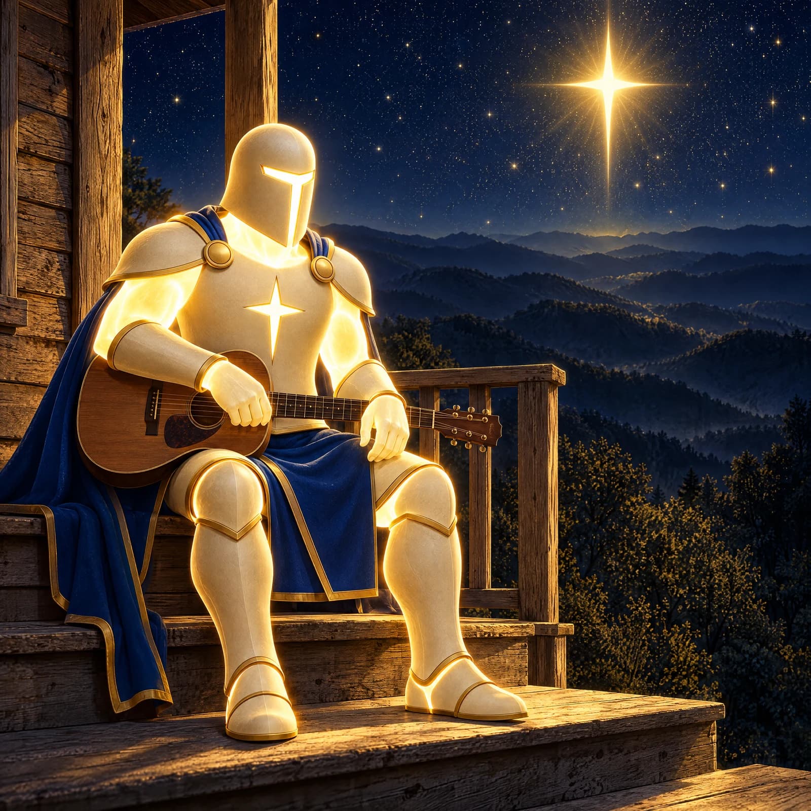 A luminous armoured figure of light in matte bone-cream plate and a deep blue gold-edged drape sits on the weathered plank steps of a mountain farmhouse porch at night, an acoustic guitar resting across his knees. Beyond the porch rail, layered Appalachian ridgelines fall away into a vast star field. High above the furthest ridge burns a single four-pointed gold North Star Cross, and its white-gold light is the only light in the picture, falling down the mountainside and across the porch boards.