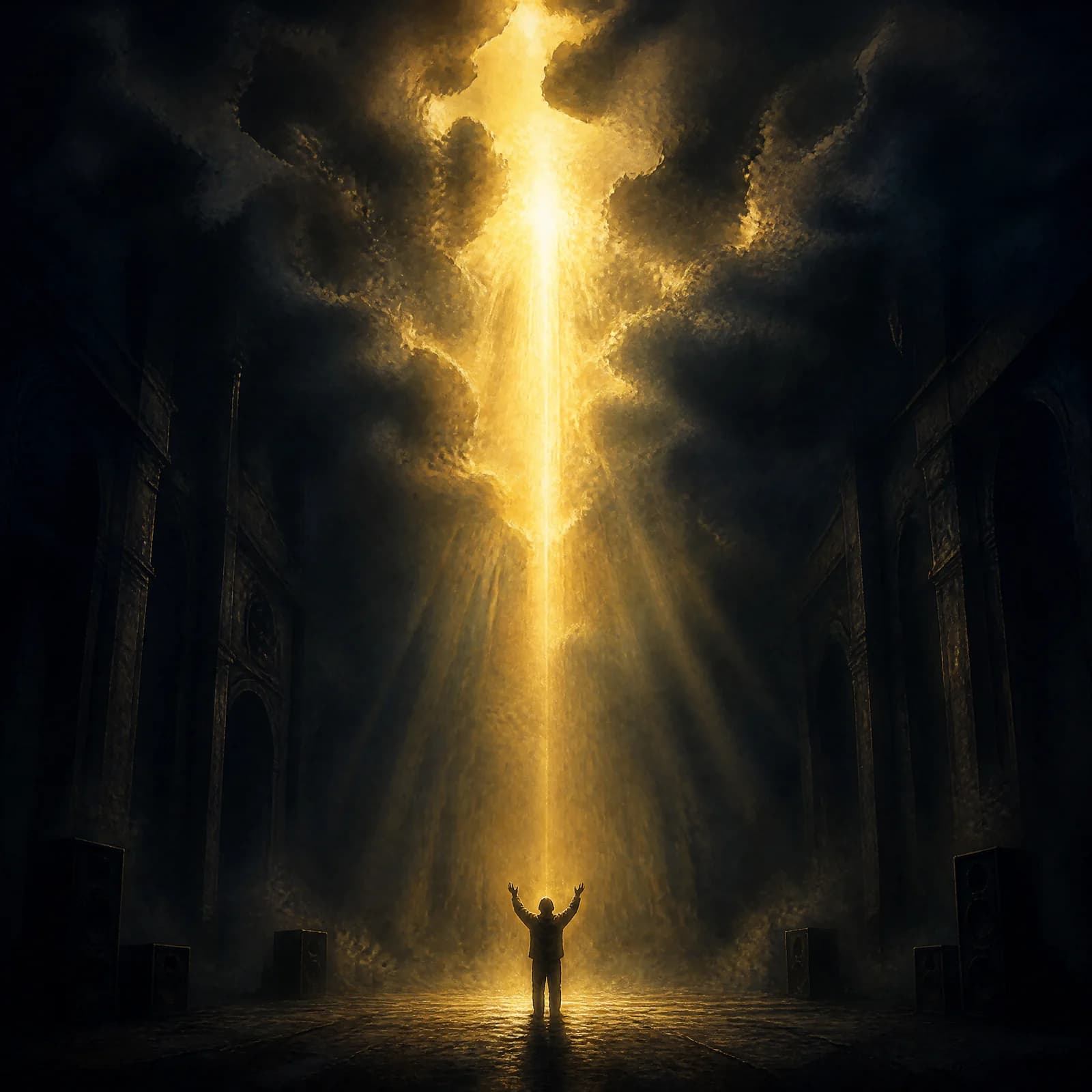 One small figure alone in a vast dark hall, arms raised straight up into a broad shaft of gold light tearing down through a split in the roof far above, haze churning inside the beam. A few dark unlit speaker cabinets sit low in the shadows at the edges of the room.