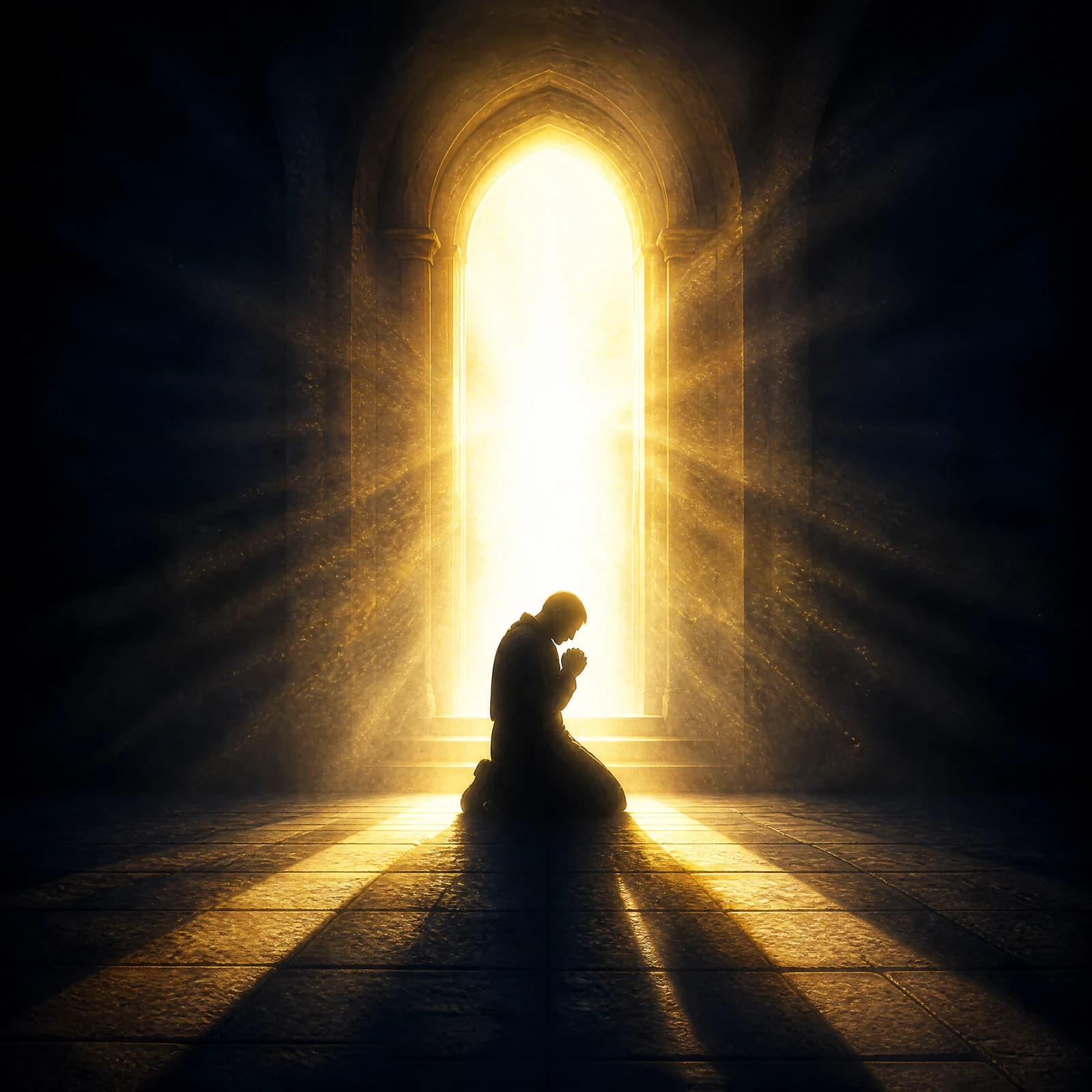 A kneeling figure in silhouette before a tall arched window filled with blinding white-gold light, hands clasped and head bowed, long shafts of light stretching across a dark stone floor toward the viewer.