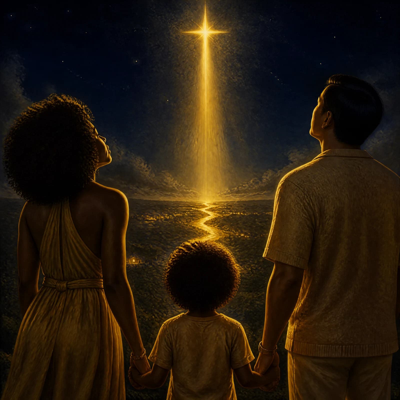 A family of three seen from behind in silhouette on a dark hillside at night: a woman with a full halo of curls on the left, a man with straight dark hair on the right, and a small child between them holding both their hands. All three have their faces tilted up toward a radiant four-pointed golden cross burning high in a deep navy, star-filled sky. A wide column of gold light pours down from it and becomes a glowing river winding through the dark valley below, which is scattered with the small warm lights of distant homes.