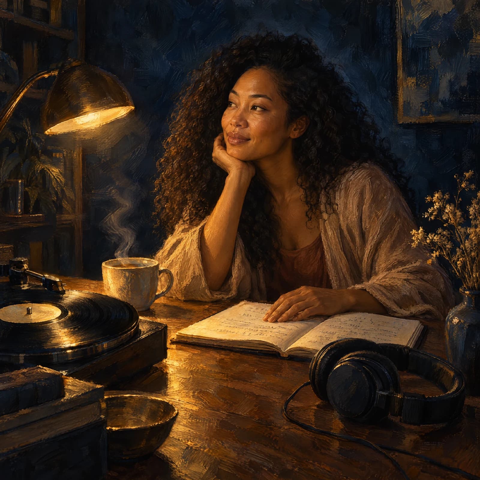 Oil painting in deep navy and warm gold: a young woman with long curly hair rests her chin on her hand at a wooden desk by lamplight, smiling, an open notebook and headphones before her, a record spinning on a turntable and a cup of tea steaming beside it.