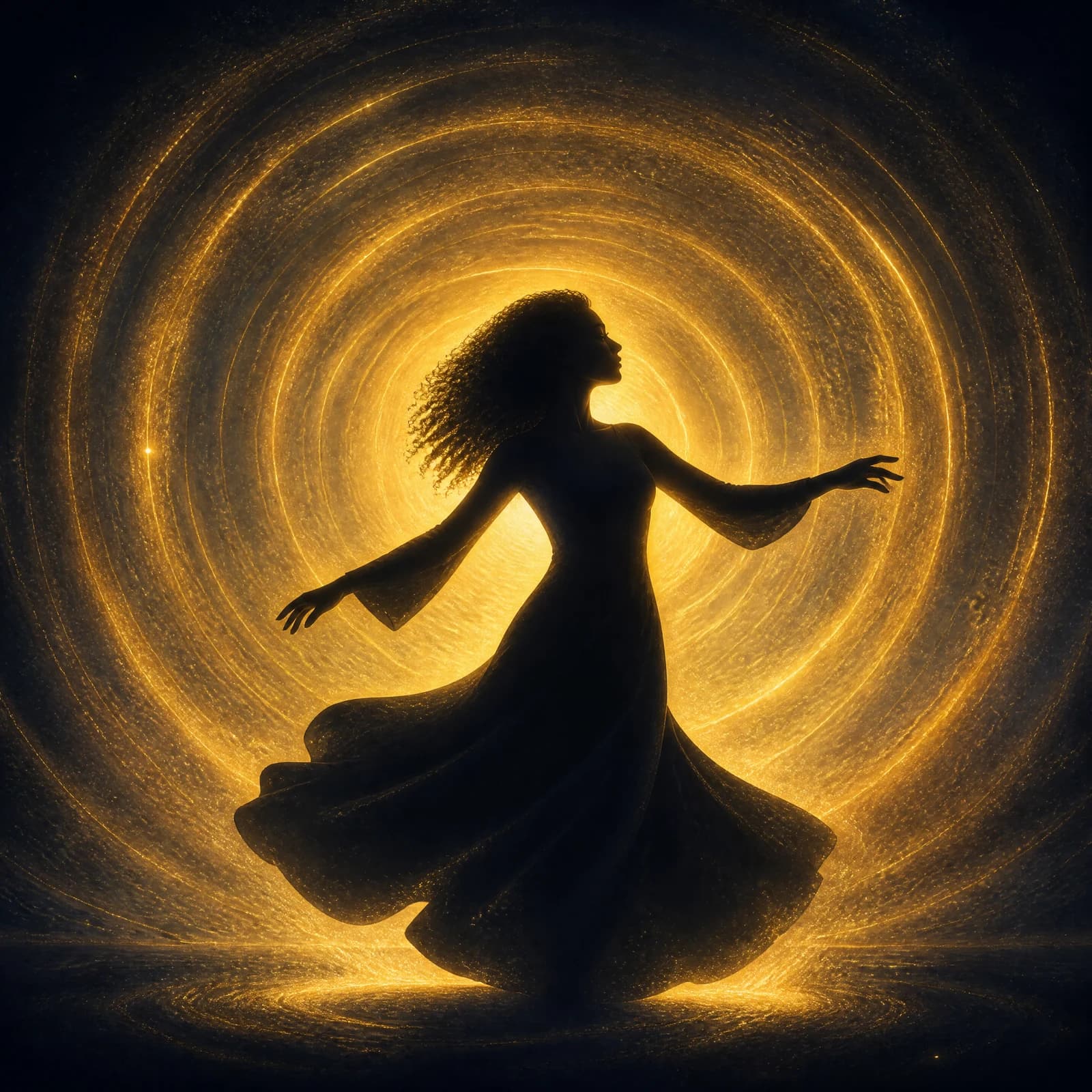 A woman dancing mid-turn on a dark plain at night, rendered as a solid dark silhouette cut out of a vast bloom of concentric gold sound rings that fills the frame behind her; her side profile, her natural curls and the sweep of her long dress read entirely from the outline, with a thin rim of gold along her face and shoulder.
