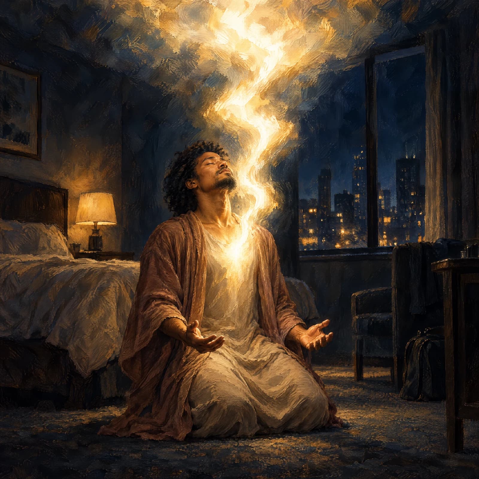 An oil painting of a Blasian man kneeling on the carpet of a dim hotel room at night, face lifted and eyes closed, palms open at his sides. A column of white-gold fire rises out of his chest and climbs in surging bends toward the ceiling, where it breaks into light. A lamp glows beside the bed and a city skyline shines through the window; thick brushstrokes carry the light, and the rest of the room is deep midnight blue.