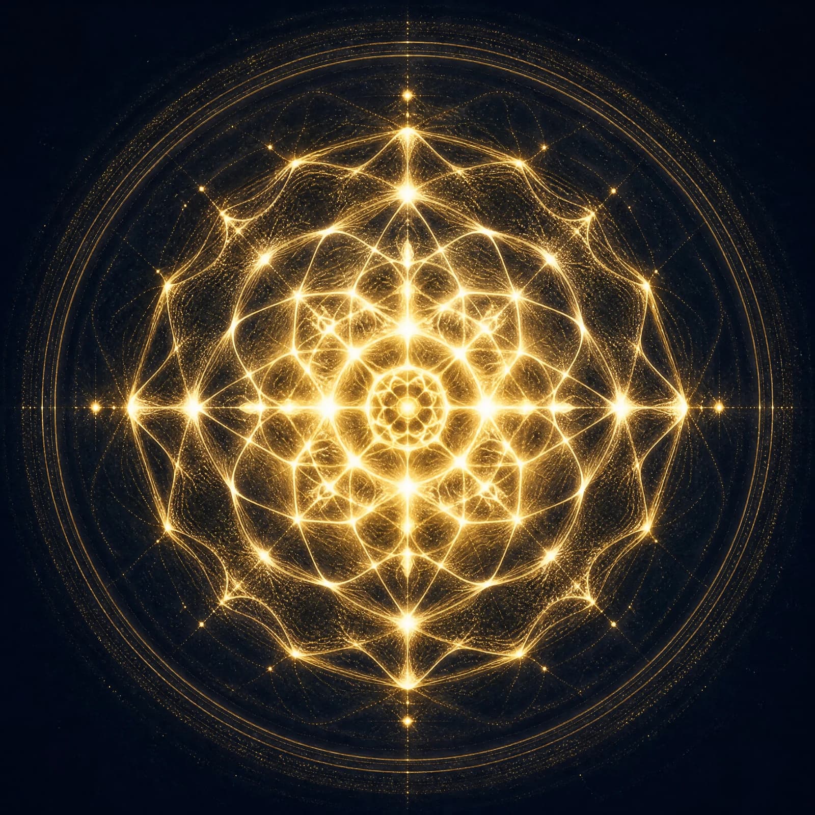 A luminous gold cymatic figure on a deep midnight-navy ground: the intricate, perfectly symmetrical mandala-like pattern that fine gold powder forms on a vibrating plate when a single sustained tone is sounded, its bright nodes and radiating lines fading into faint concentric rings at the edges.