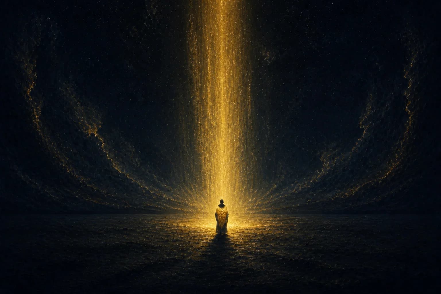 A single small figure stands at the base of a towering pillar of gold light descending from above, the light settling over their shoulders and chest like a glowing mantle or cloak of armor; at both edges of the frame, walls of darkness arc and curl backward away from the lit center, over a dark cracked-earth plain.
