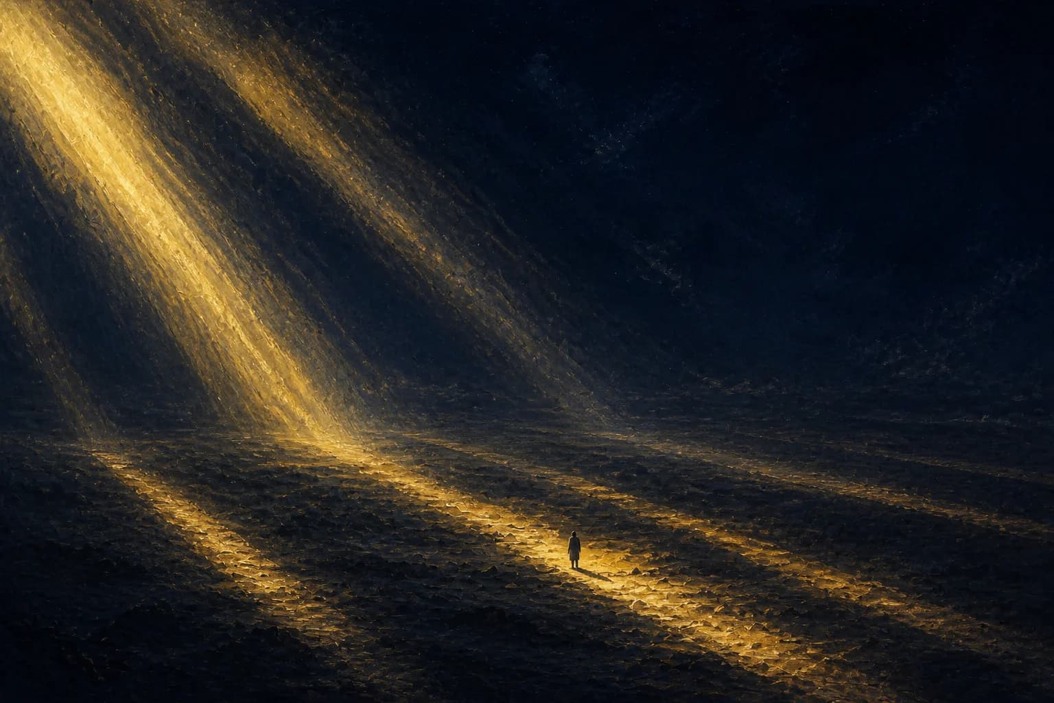 Painterly night scene: a tiny lone figure stands on a vast dark rocky plain crossed by several parallel diagonal bands of warm gold light falling from the upper left; the ground glows gold where each band lands, and the figure stands inside one lit stripe, casting a long shadow, under an immense midnight-navy sky.