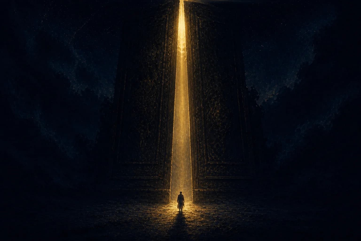 An immense ornately-paneled dark gate fills a wall of night, its two doors open just a crack; a narrow blade of warm gold light breaks through the widening gap from top to bottom and lands precisely on one small figure standing before the gate, casting long shadows across the dark stone ground.