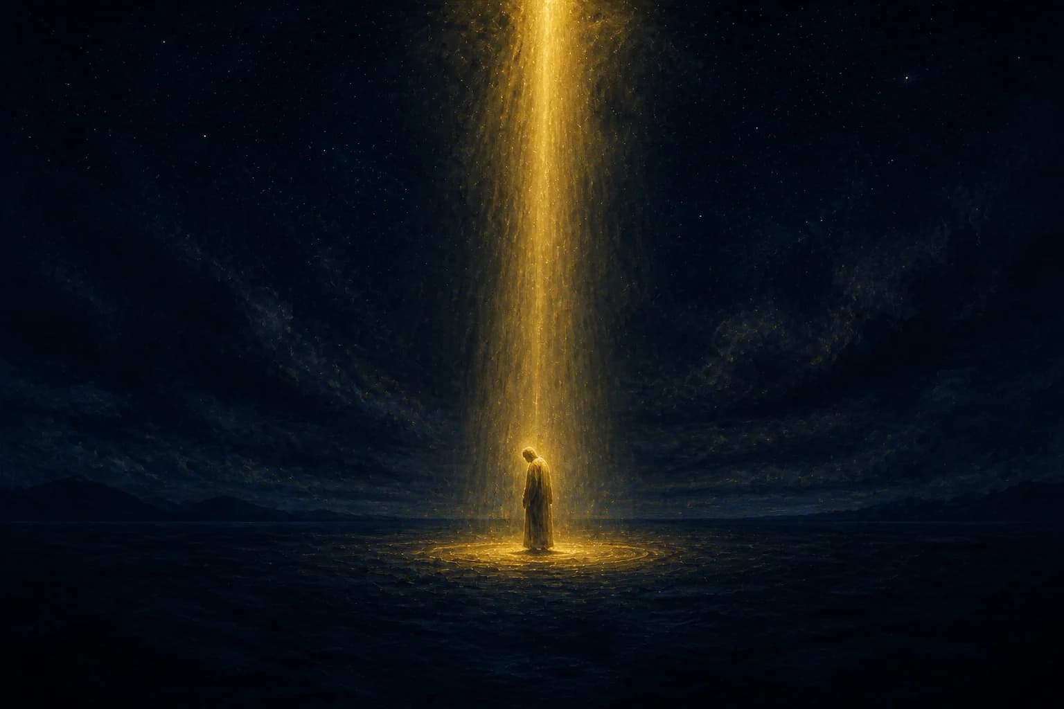 One small robed figure stands with head bowed on a dark night plain as a dense shaft of warm gold light pours down from directly overhead like liquid oil, streaming over their head and shoulders and pooling into concentric bright-gold rings on the ground at their feet; low mountains sit black on the horizon under a deep navy sky.
