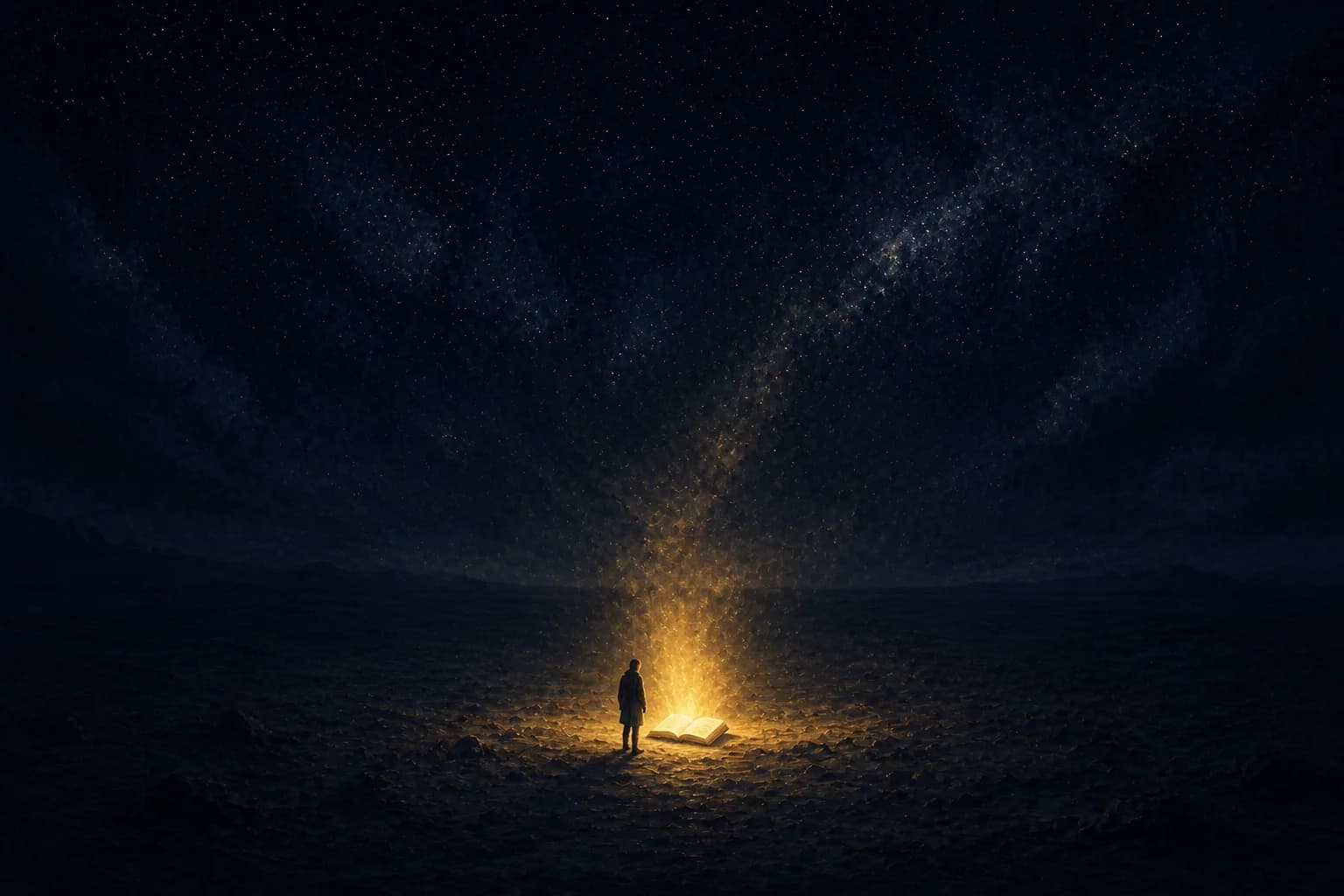 In an immense star-filled midnight landscape, a small figure stands over an open book lying on rocky dark ground; warm gold light rises from the open pages, the only light anywhere, washing up over the figure’s body and casting a gold pool across the surrounding stones. The pages show only faint unreadable smudges, no text.