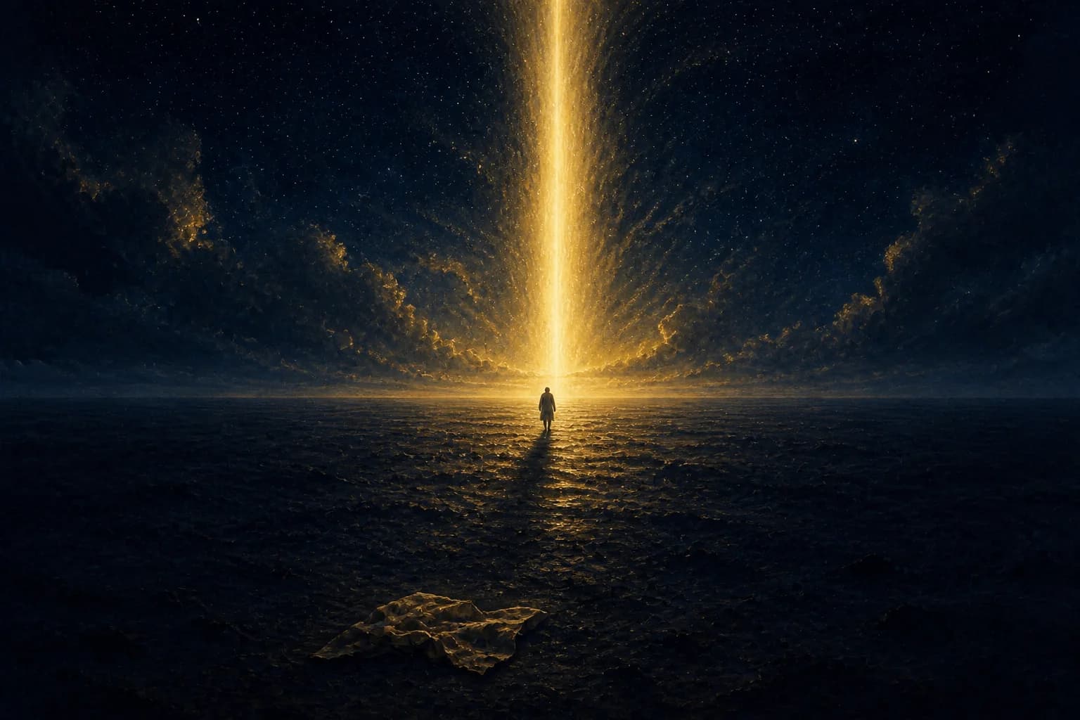 A tiny figure walks away from us across a vast dark textured plain toward a brilliant column of gold light pouring straight down from a starry midnight-navy sky, gold-edged clouds fanning out around it; a crumpled garment lies abandoned on the dark ground in the foreground like a shed skin, and the path ahead of the figure is already lit gold.