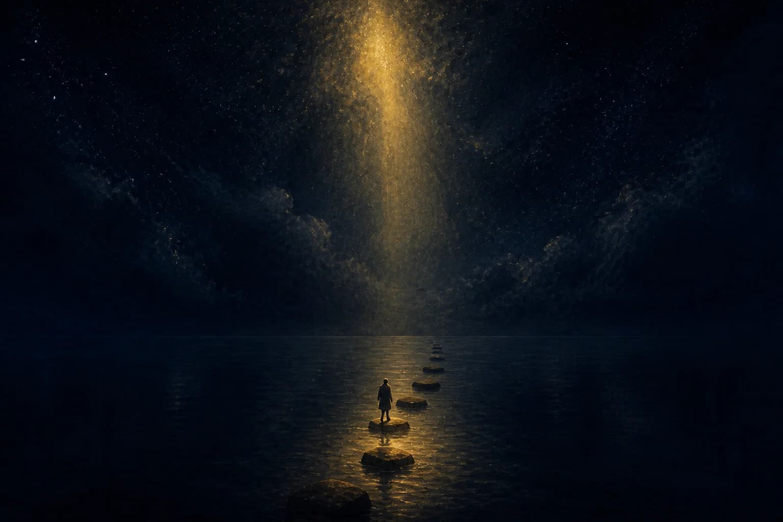 A line of stepping stones crosses still, black night water; only the few stones nearest a tiny mid-crossing figure are lit warm gold by a soft shaft of light falling from a clouded, starlit navy sky, their reflections rippling in the water, while the stones farther ahead fade to dark silhouettes not yet lit.